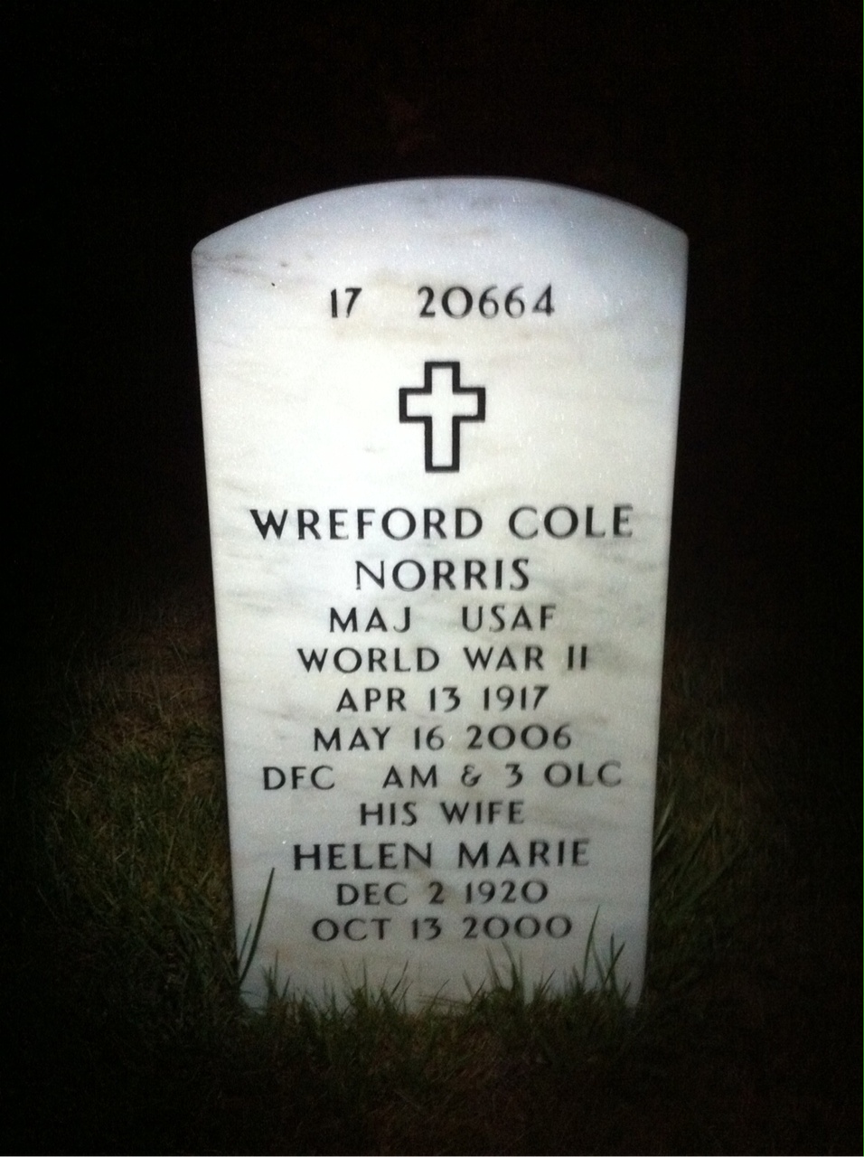 Back of headstone — Wreford Norris