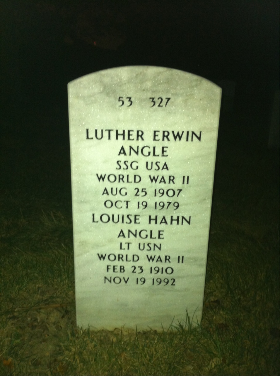 Back of headstone — Luther Angle