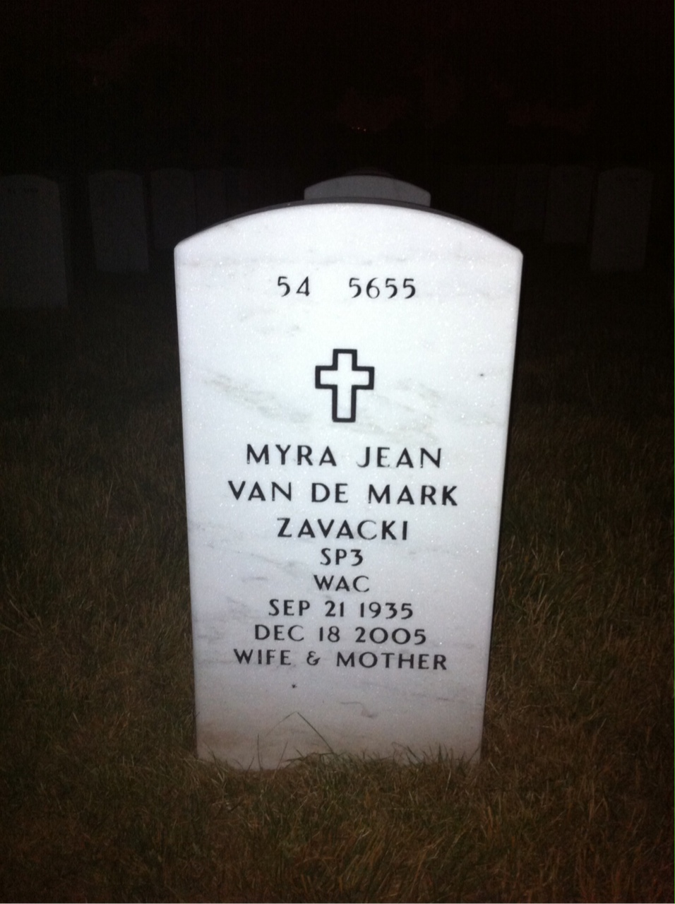 Back of headstone — Myra Jean Zavacki