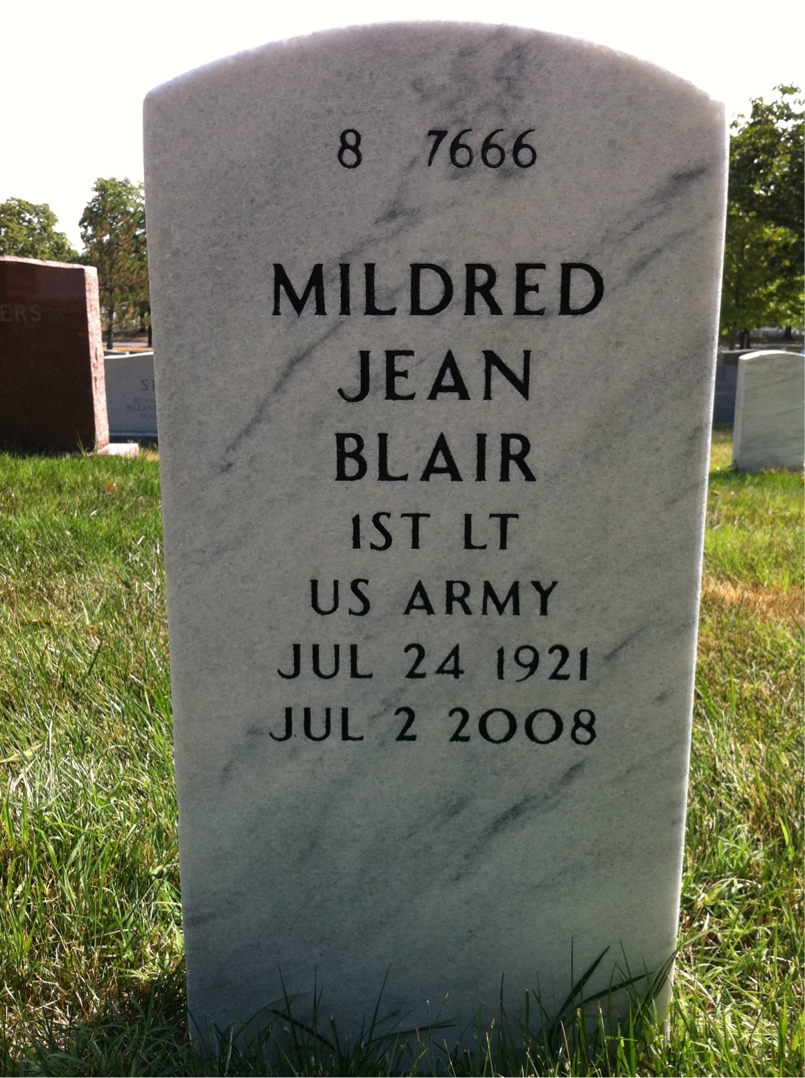 Back of headstone — Mildred Blair