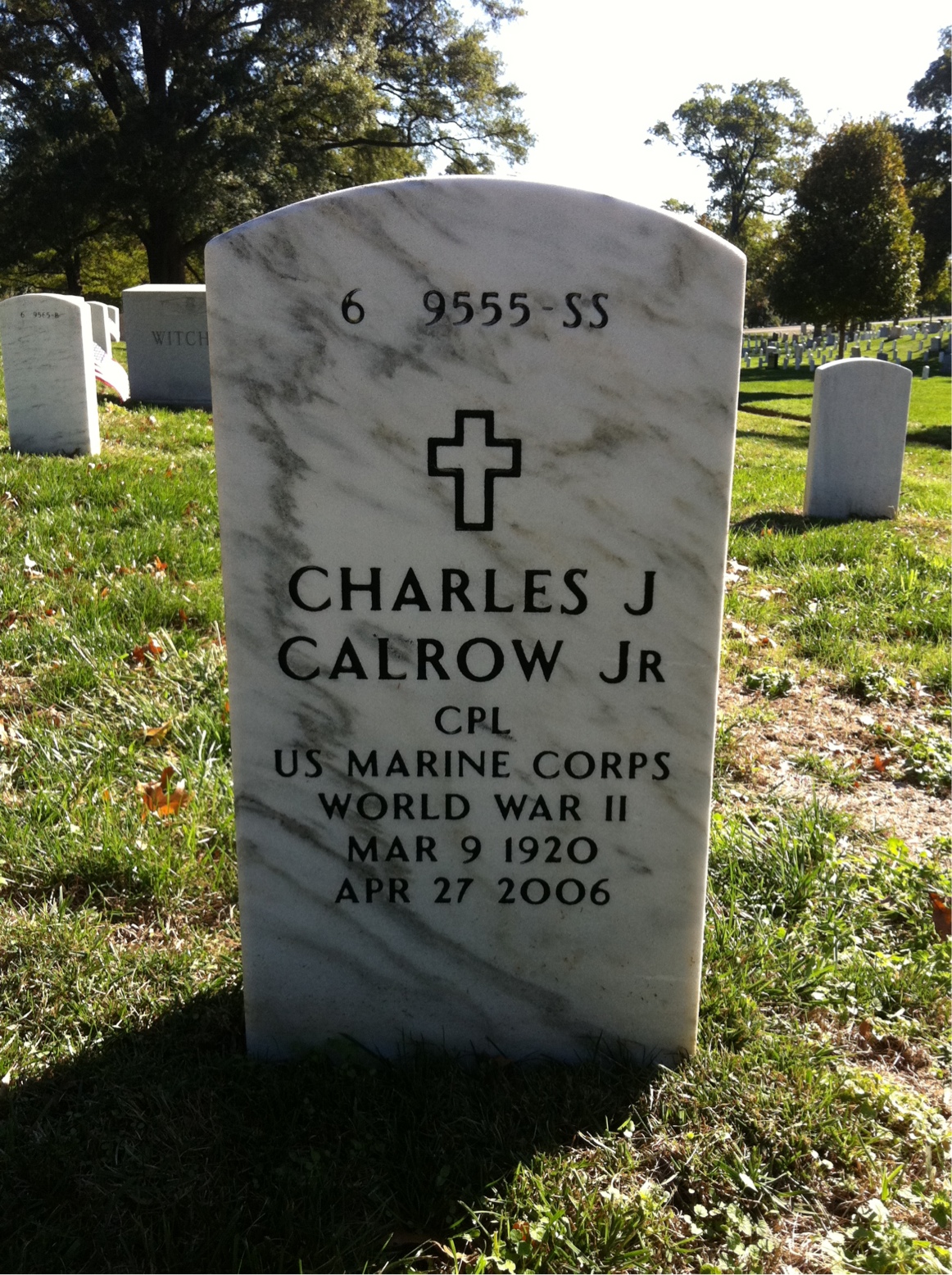 Back of headstone — Charles Calrow