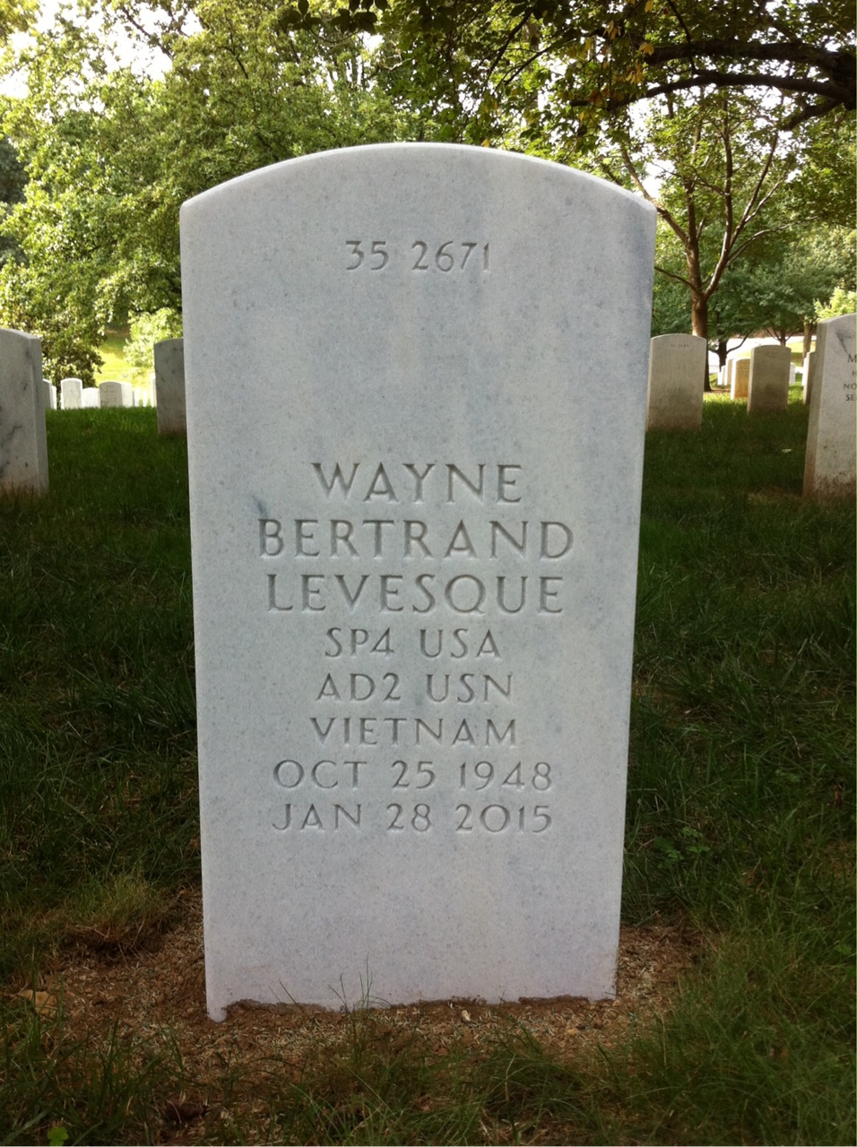 Back of headstone — Wayne Bertrand Levesque