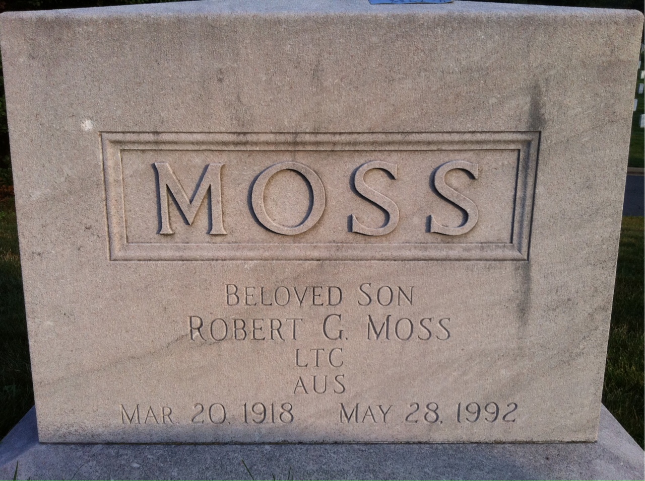 Back of headstone — Robert Moss