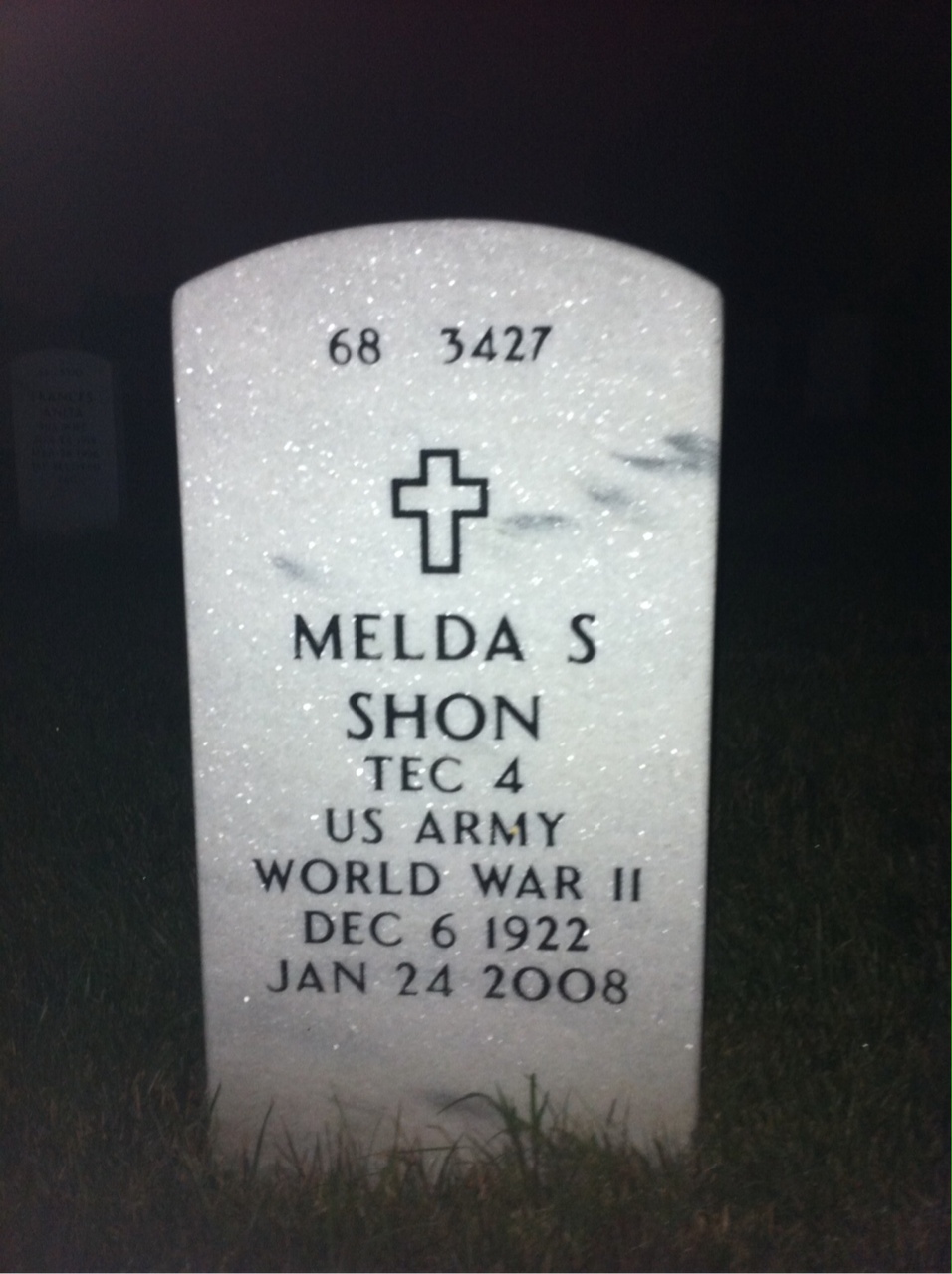 Back of headstone — Melda Shon