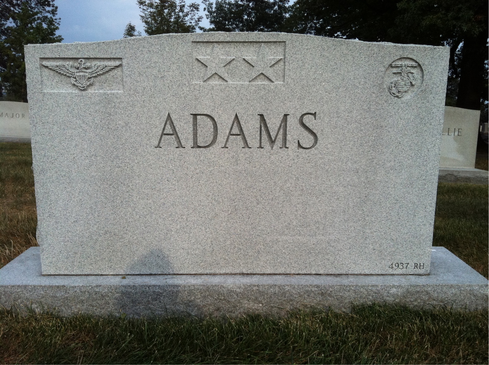 Back of headstone — Arthur Adams