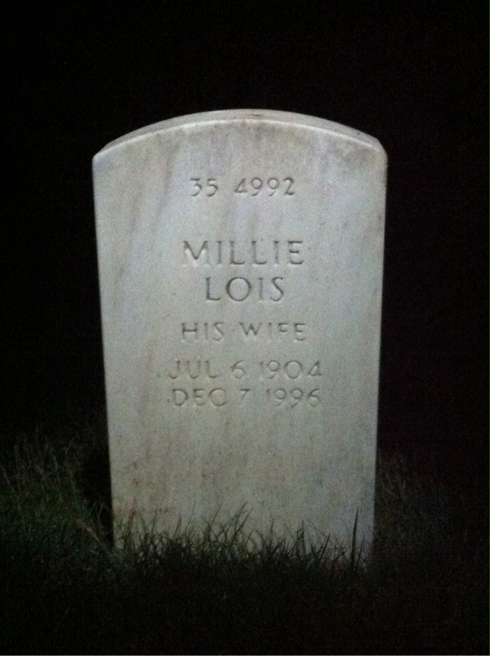 Back of headstone — Millie Anderson