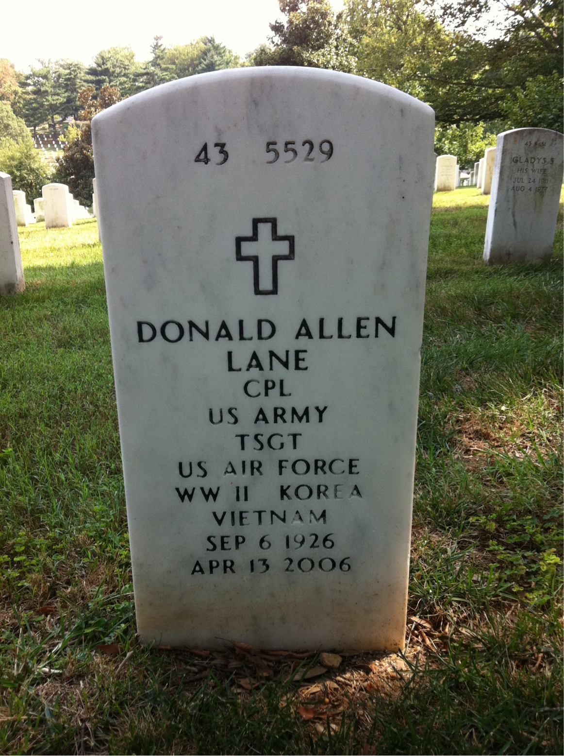 Back of headstone — Donald Lane