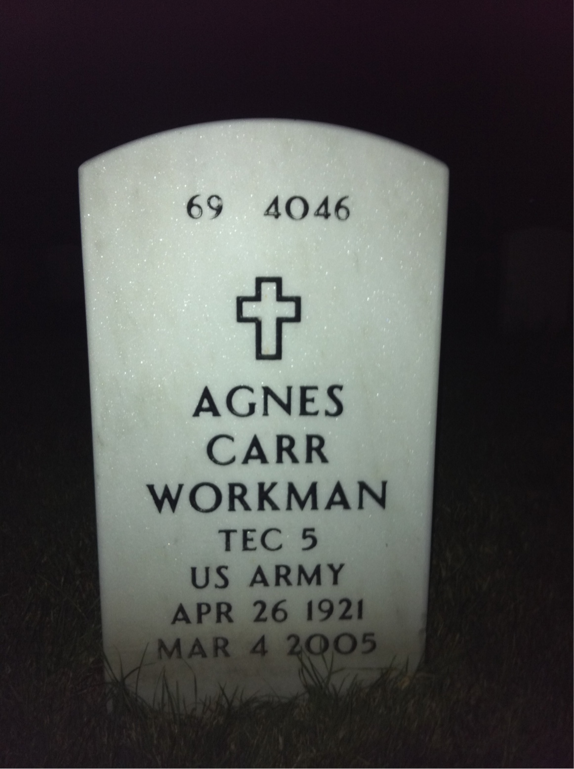 Back of headstone — Agnes Workman