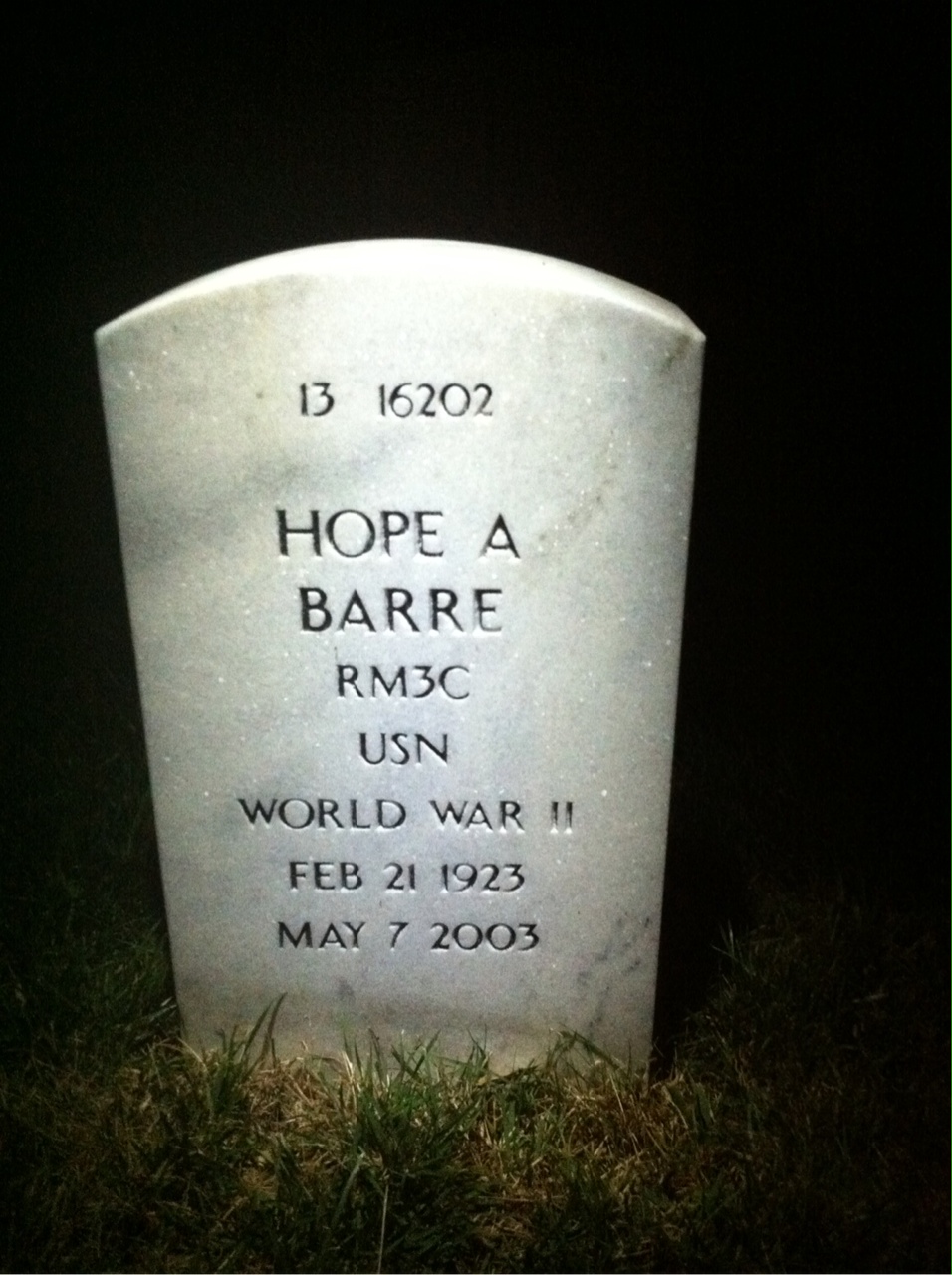 Back of headstone — Albert Barre