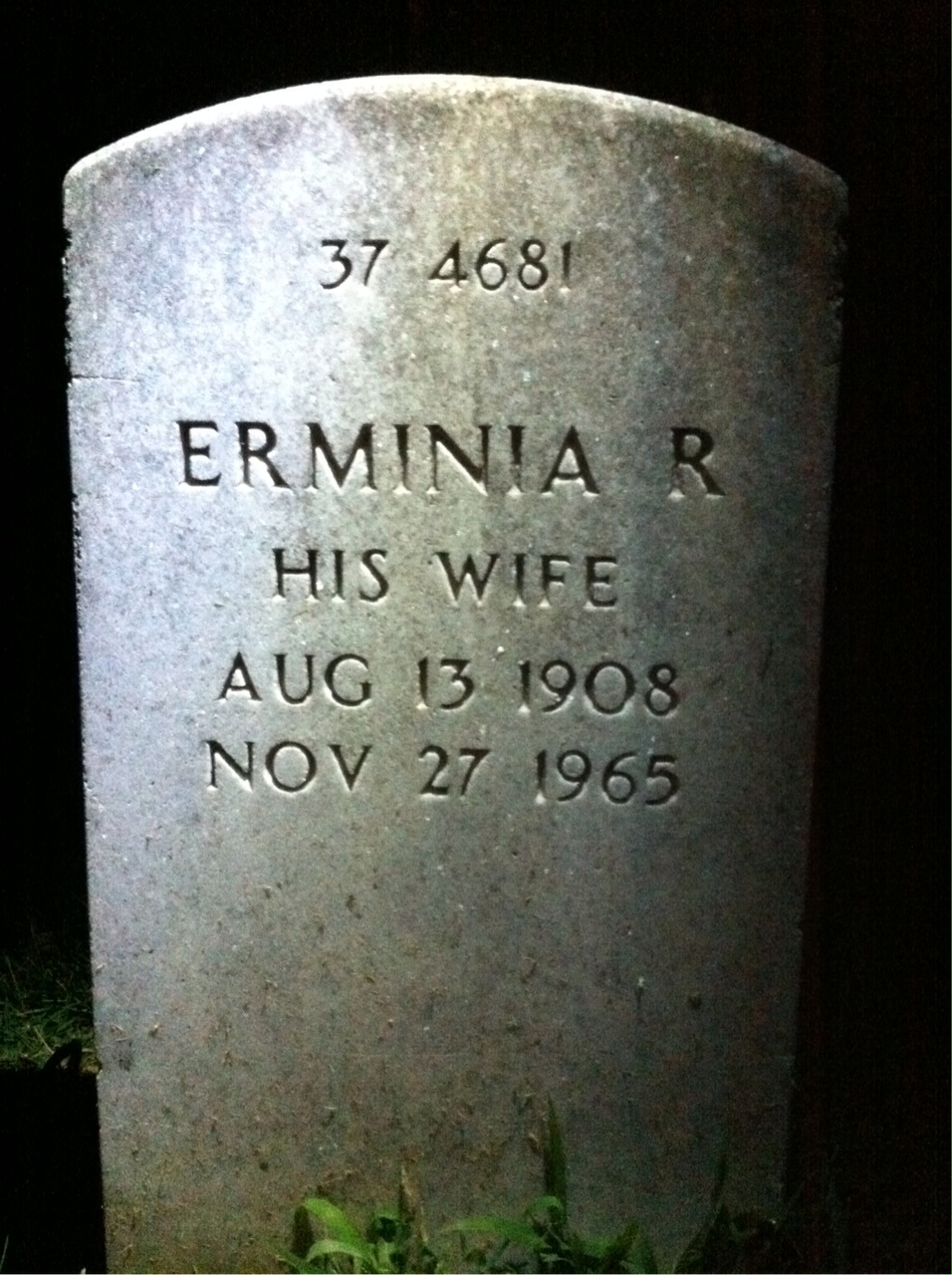 Back of headstone — Erminia Miron