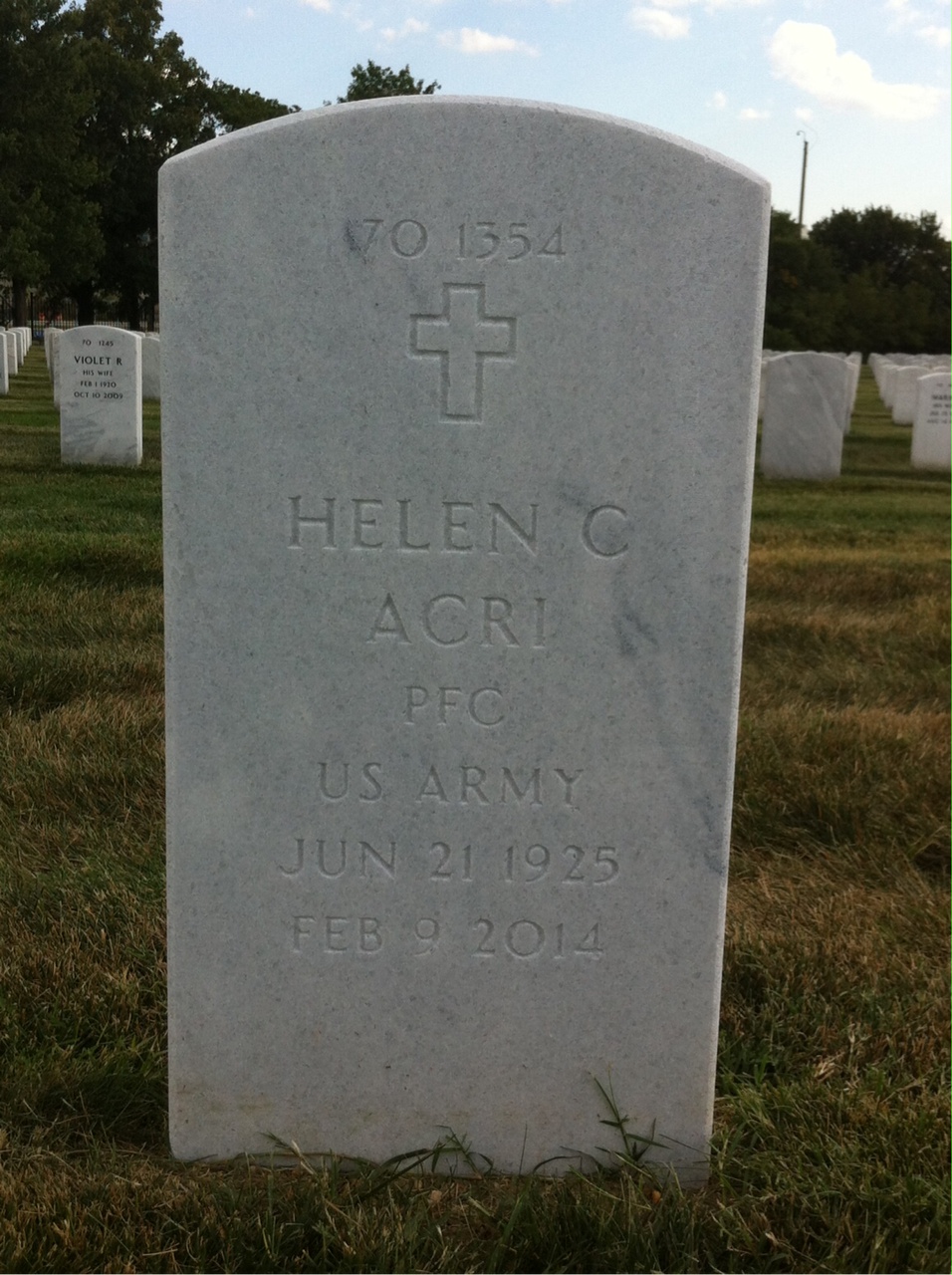 Back of headstone — Helen Acri