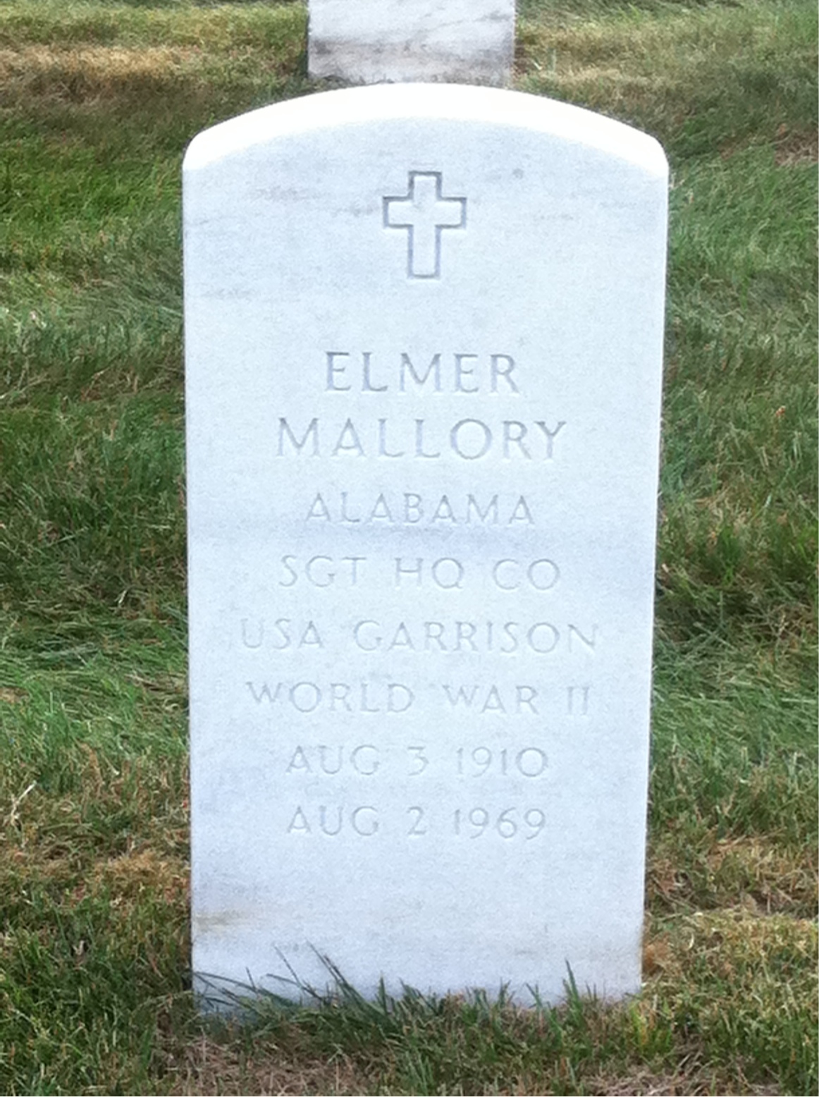 Back of headstone — Elmer Mallory