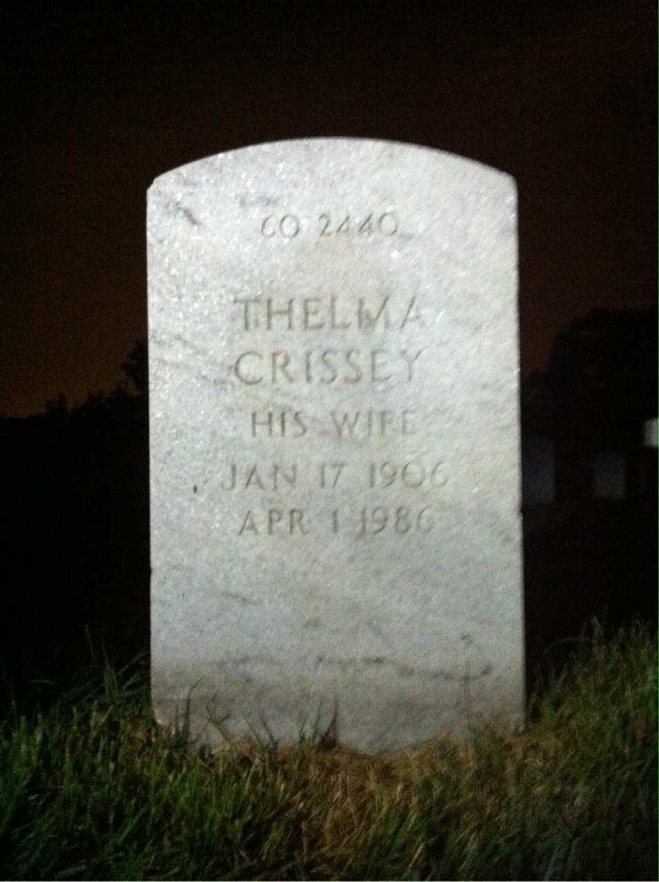Back of headstone — Thelma Morris