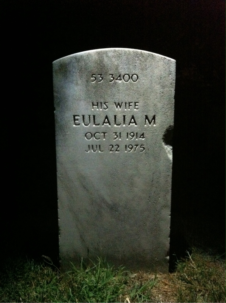 Back of headstone — Eulalia Alvey