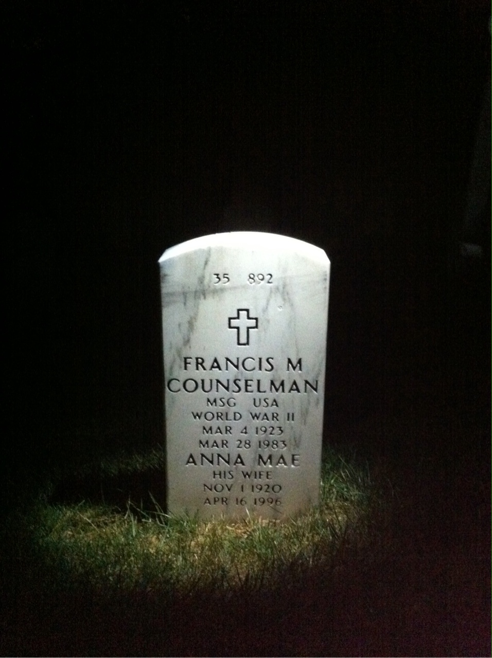 Back of headstone — William Counselman