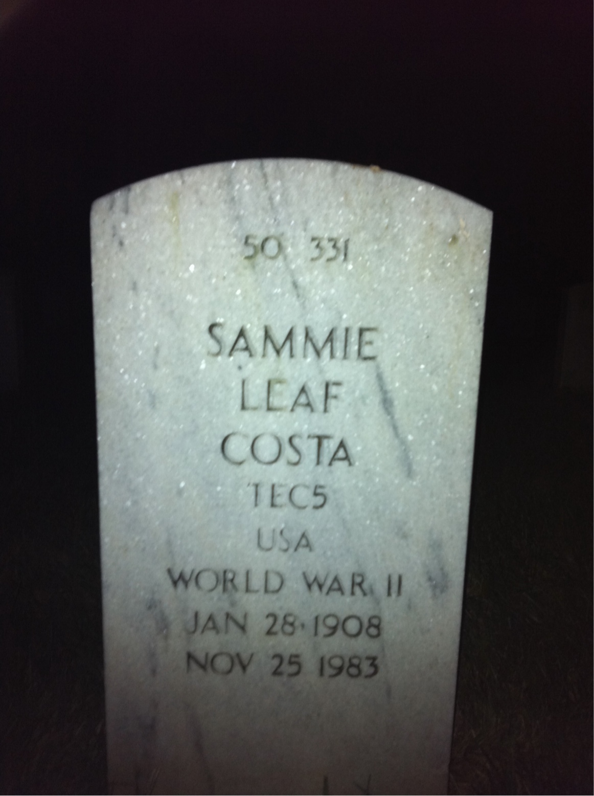 Back of headstone — John F Costa