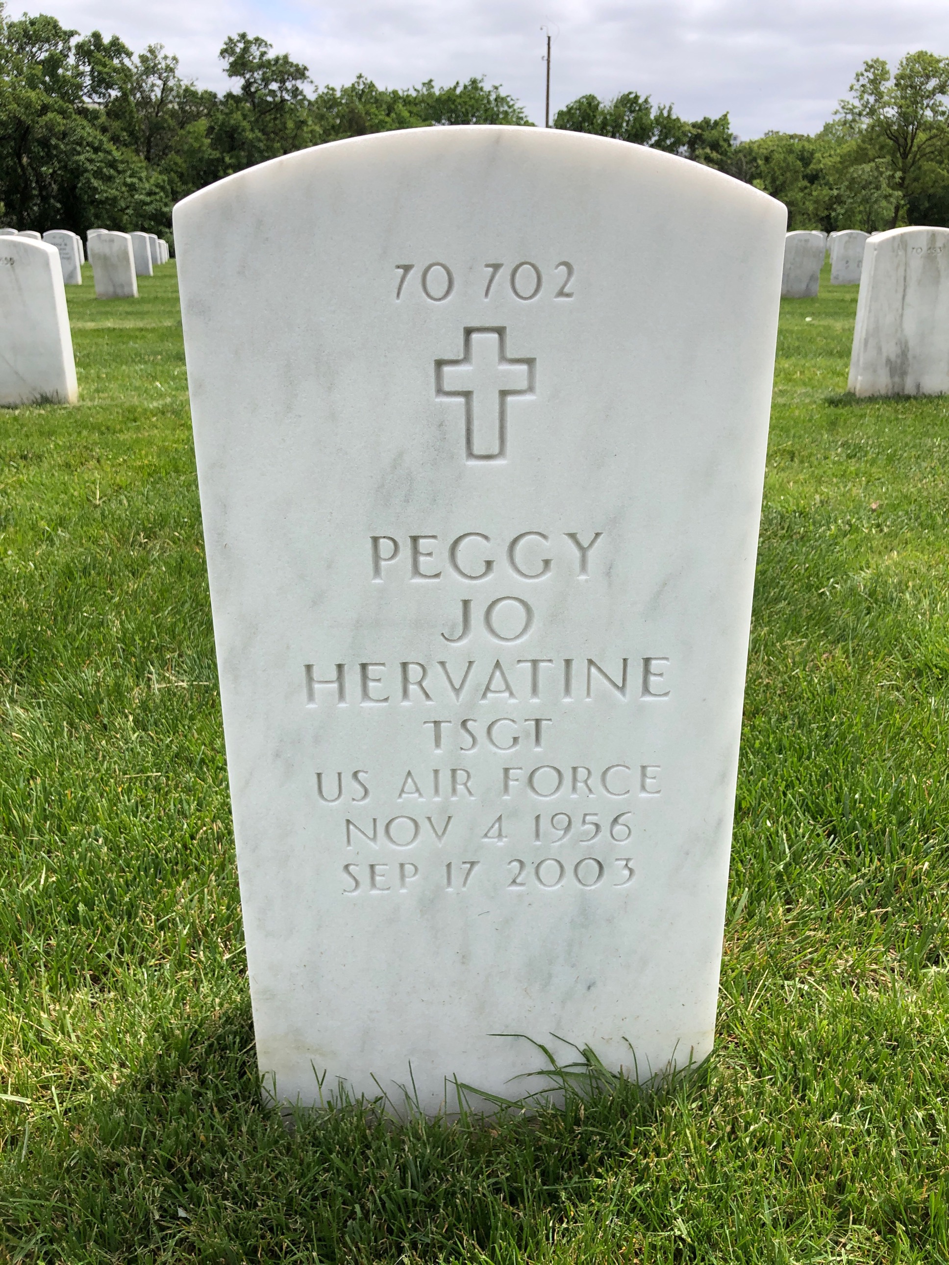 Back of headstone — Peggy Hervatine