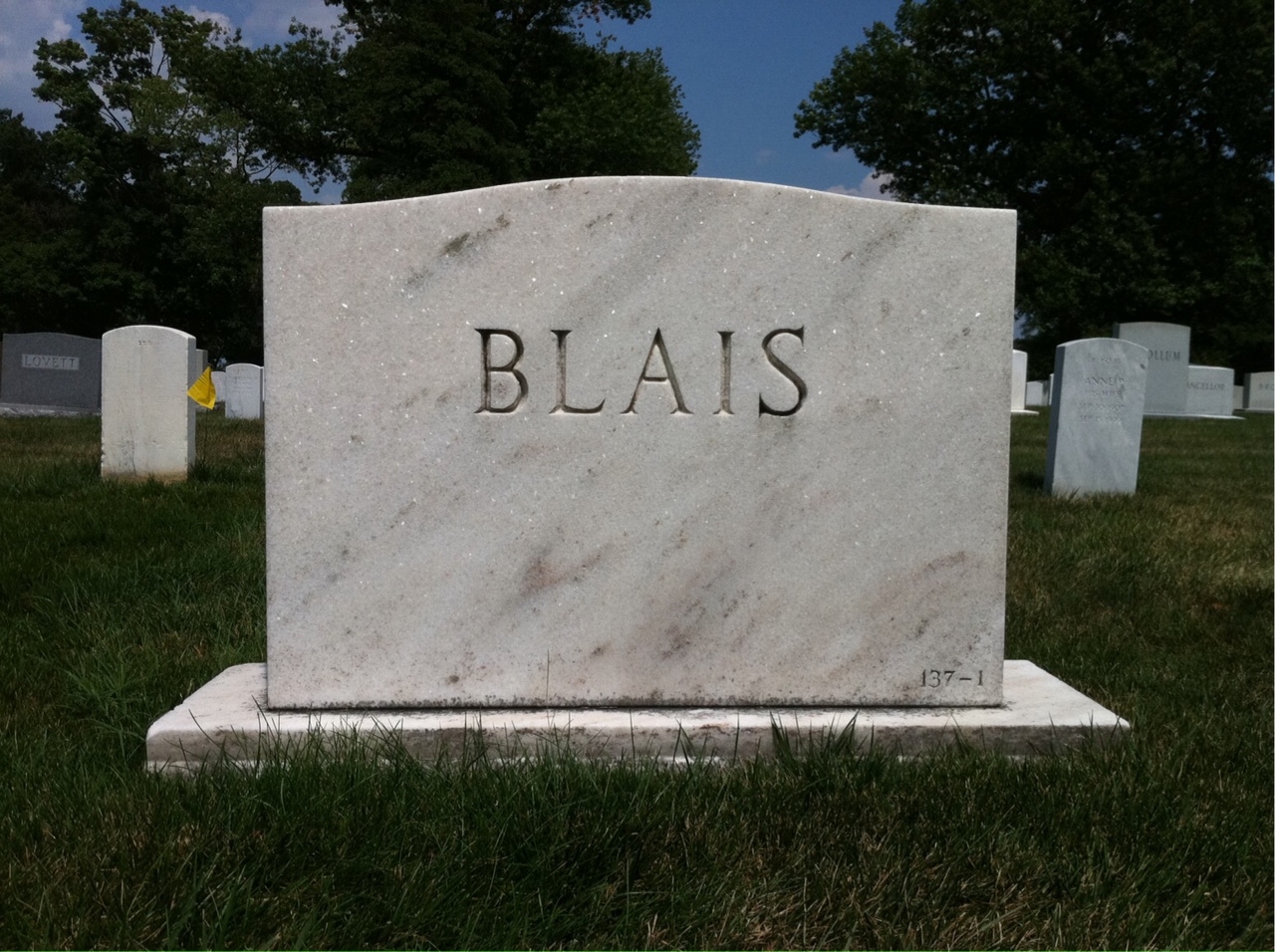 Back of headstone — Armand Blais