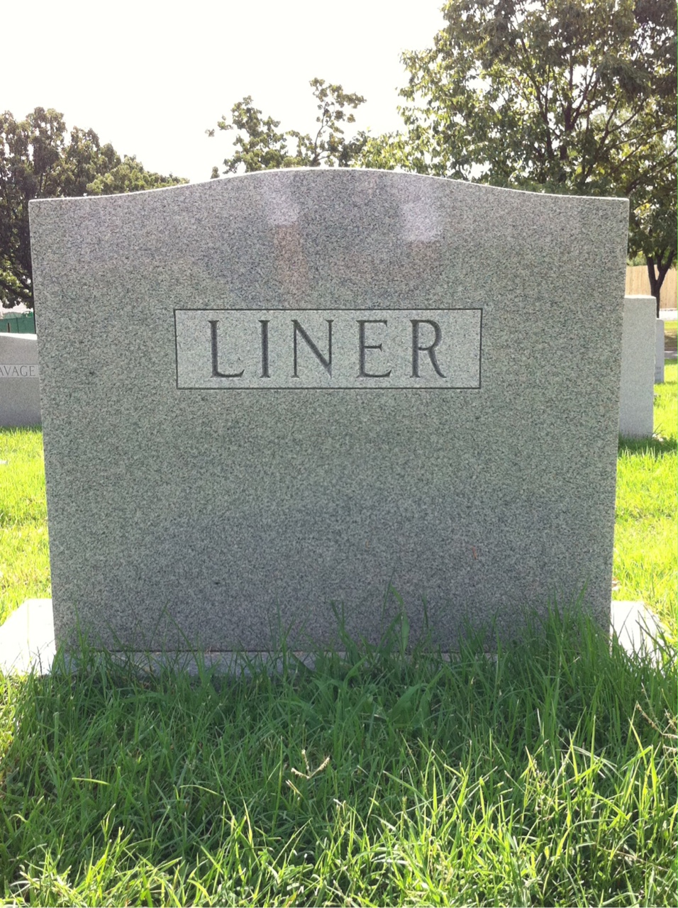 Back of headstone — Thomas Liner