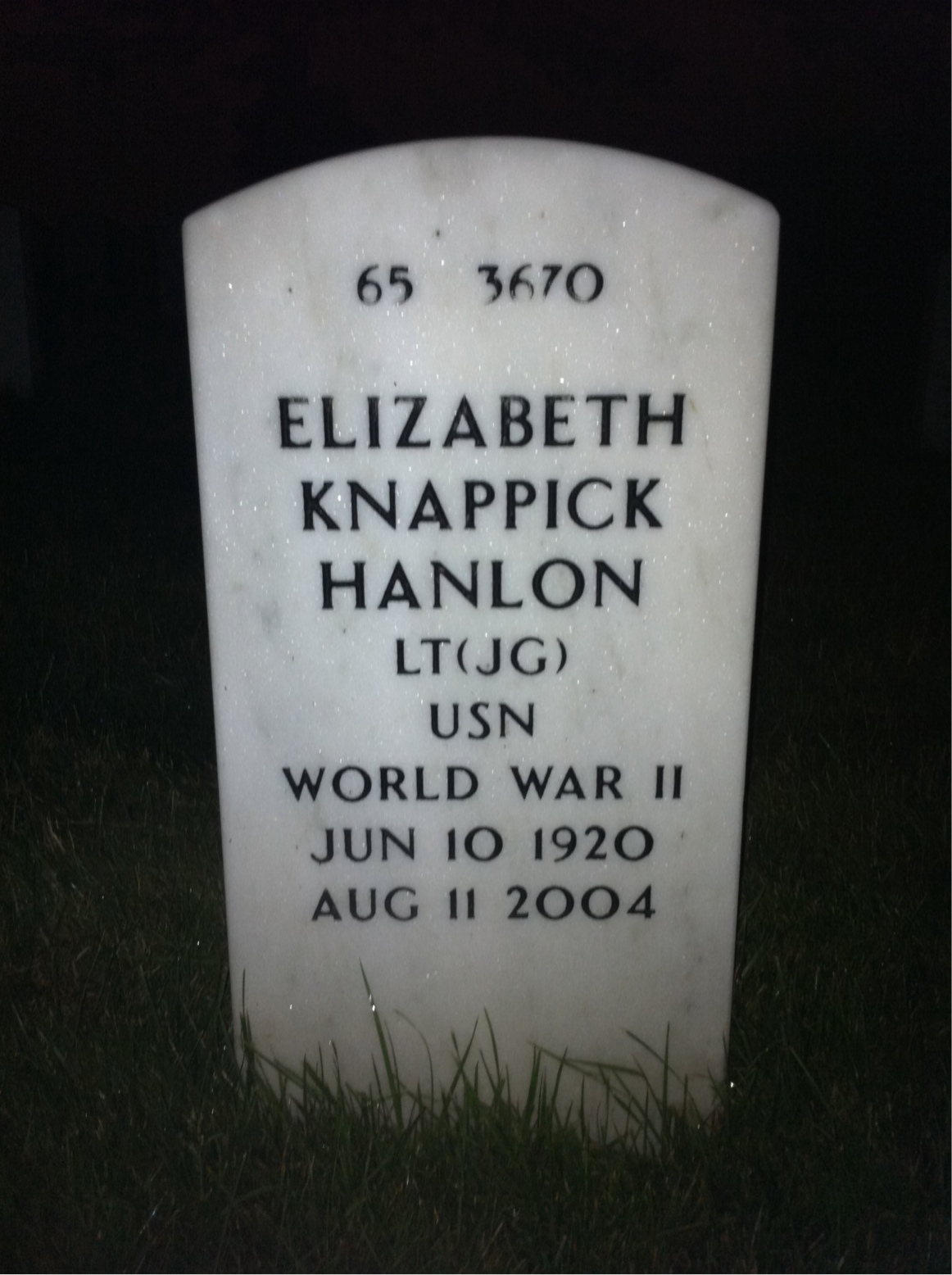 Back of headstone — Elizabeth Hanlon