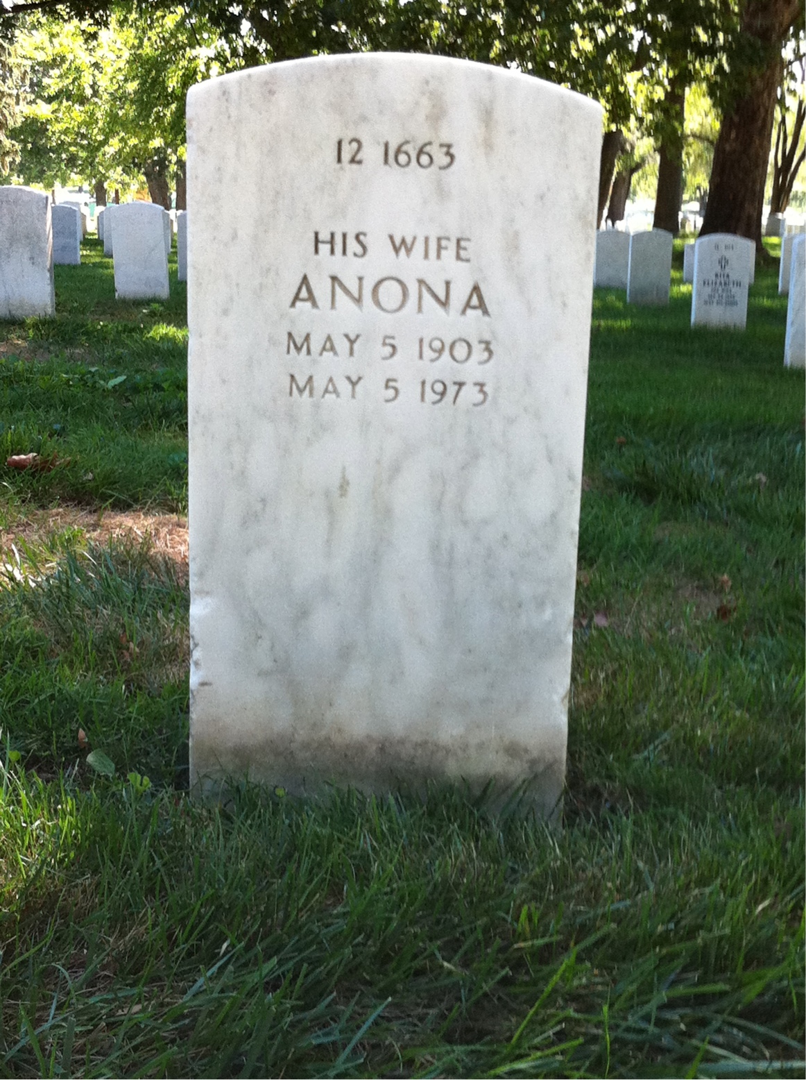 Back of headstone — Anona Moll
