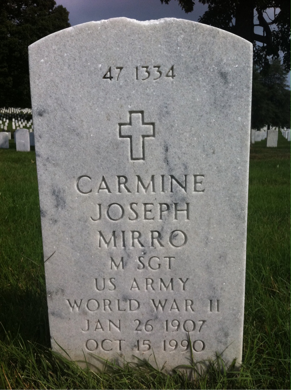 Back of headstone — Carmine Mirro