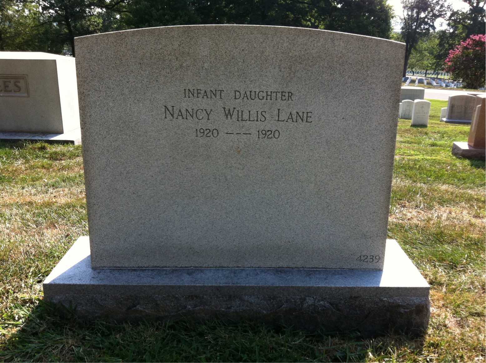 Back of headstone — Arthur W Lane