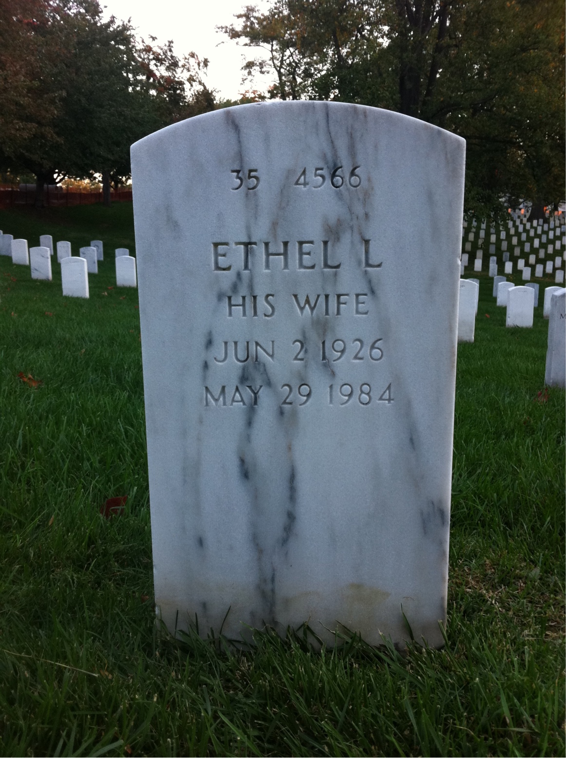 Back of headstone — Ethel Arrington