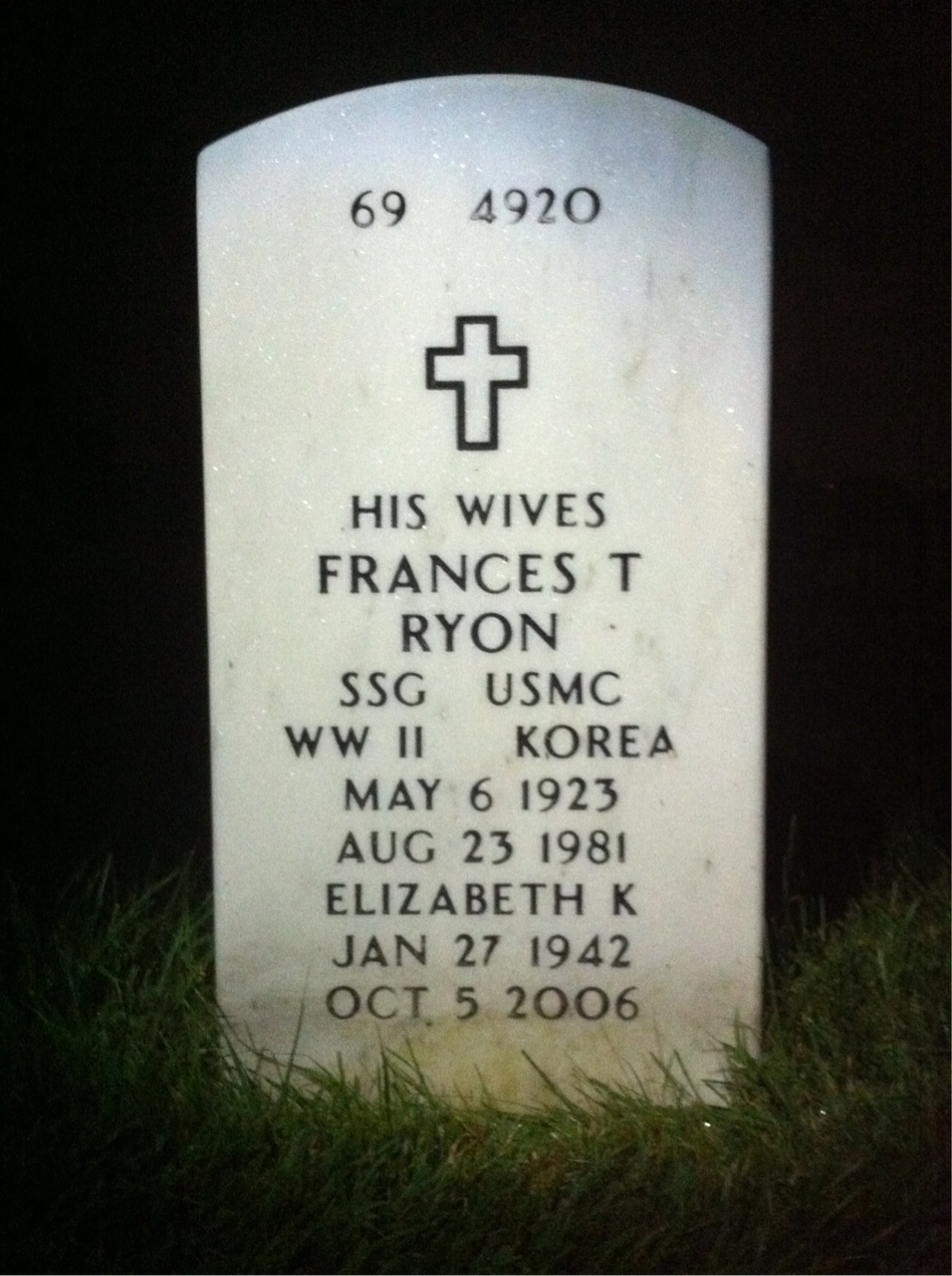 Back of headstone — Frances Ryon