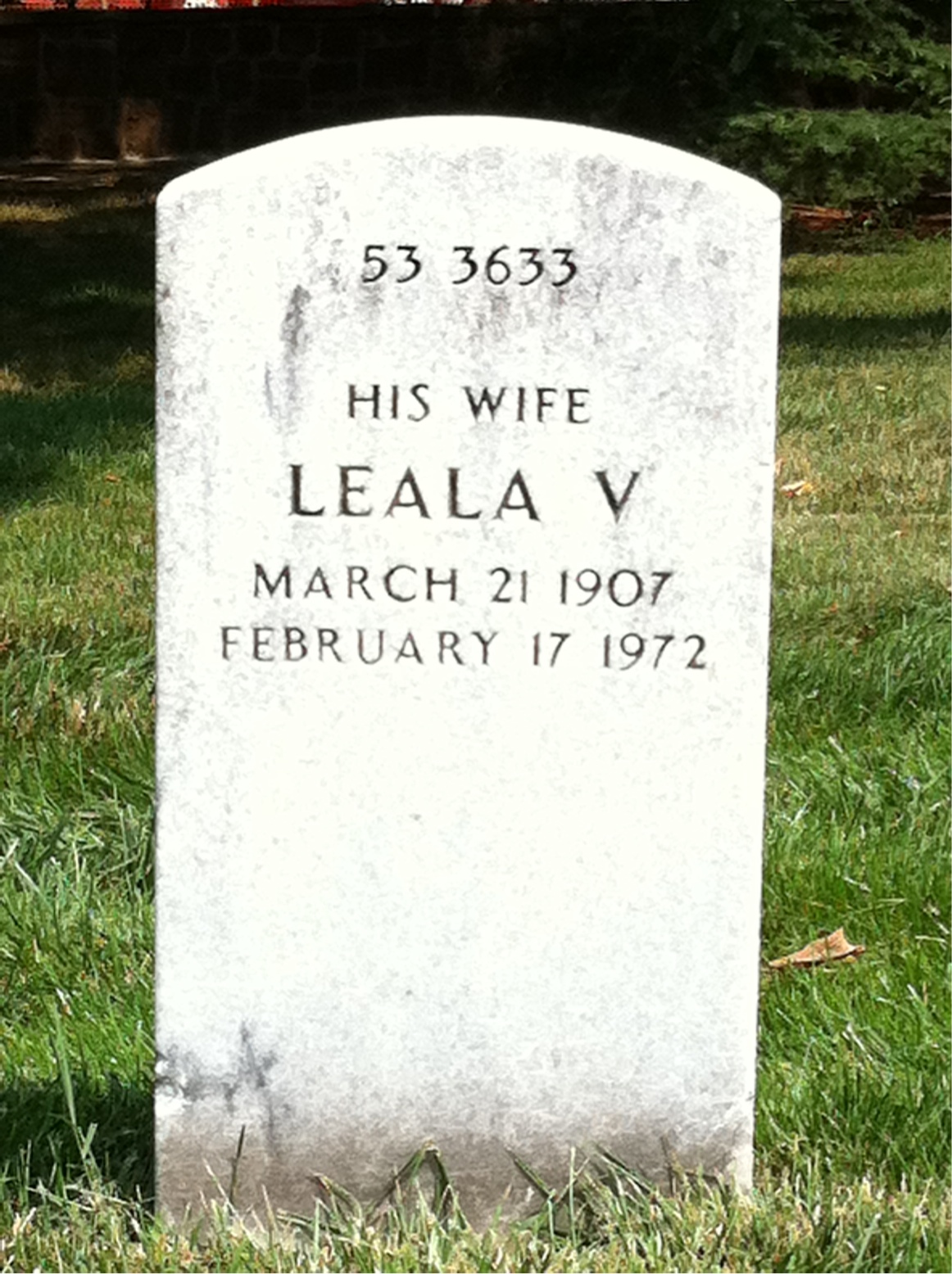 Back of headstone — Leala Collins