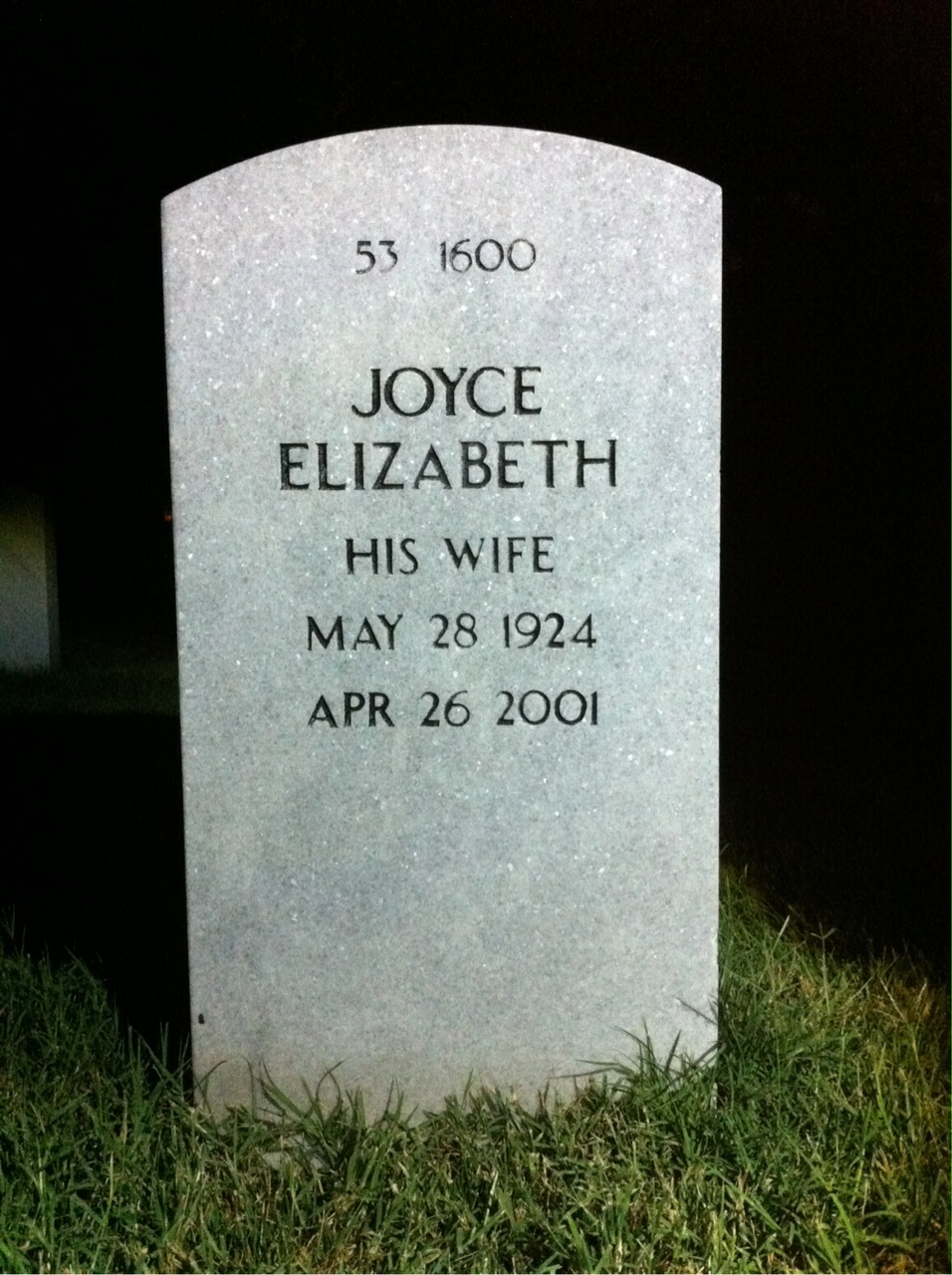 Back of headstone — Joyce Mills