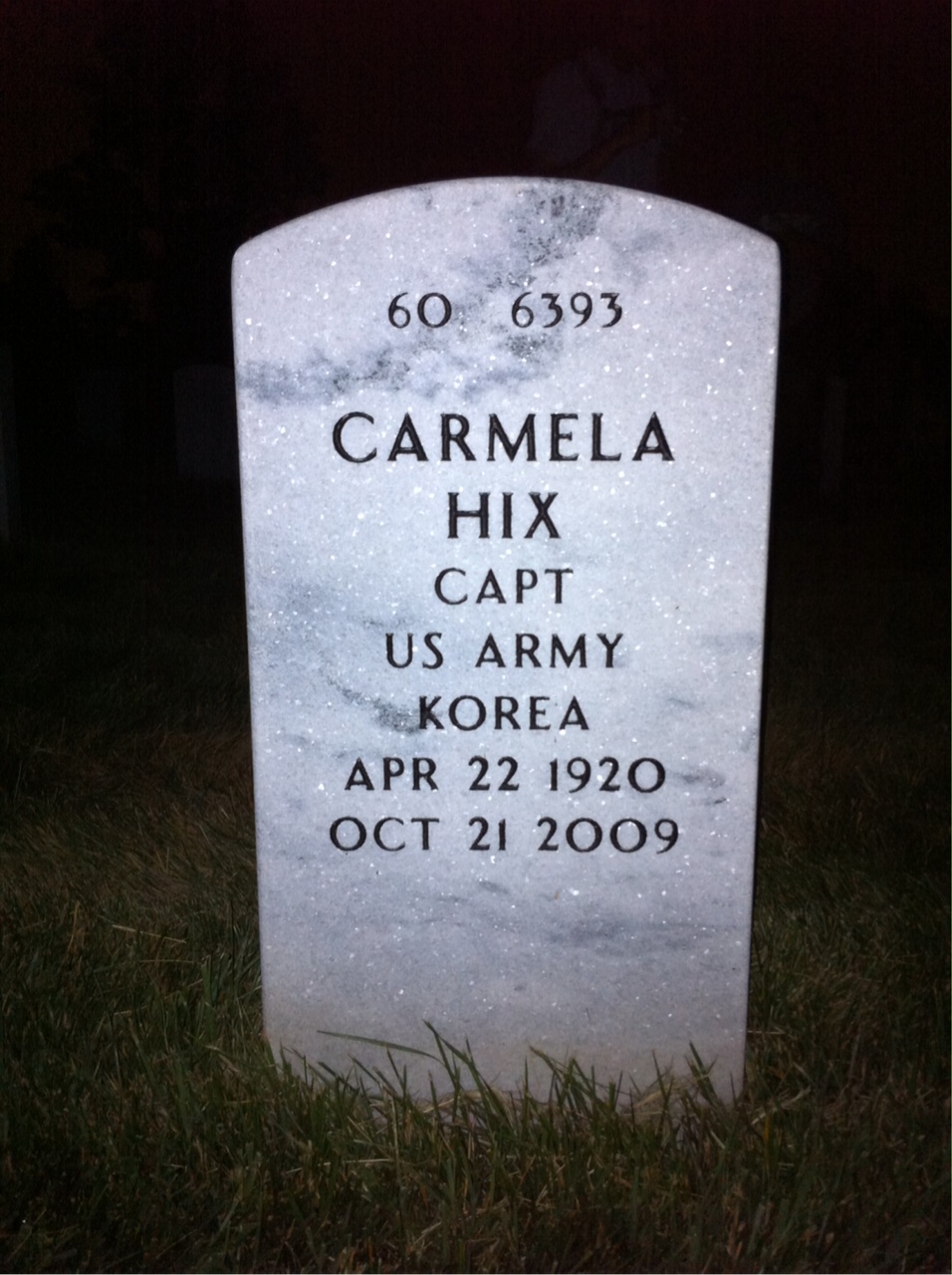 Back of headstone — Carmela Hix