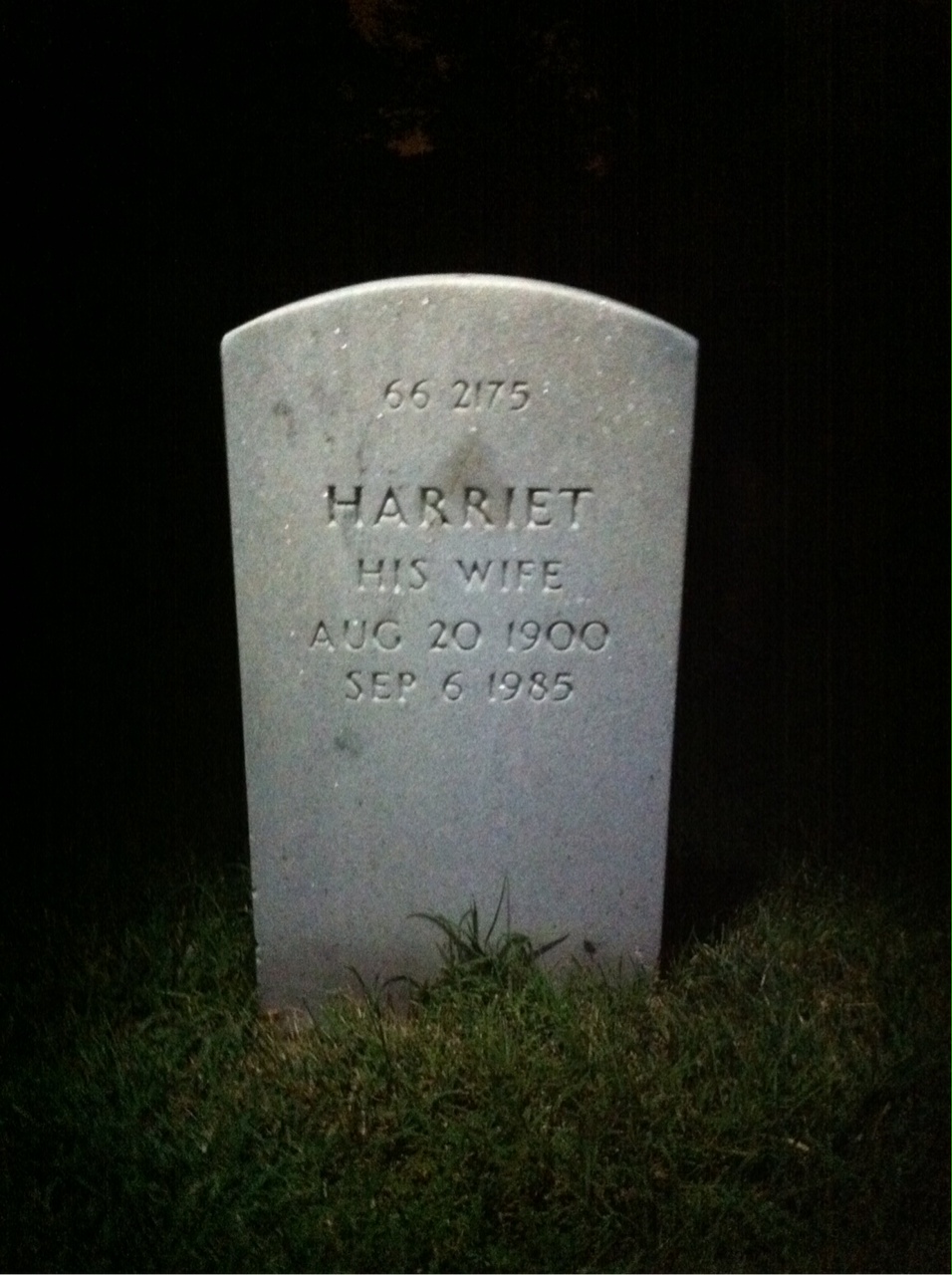 Back of headstone — Harriet Augustine