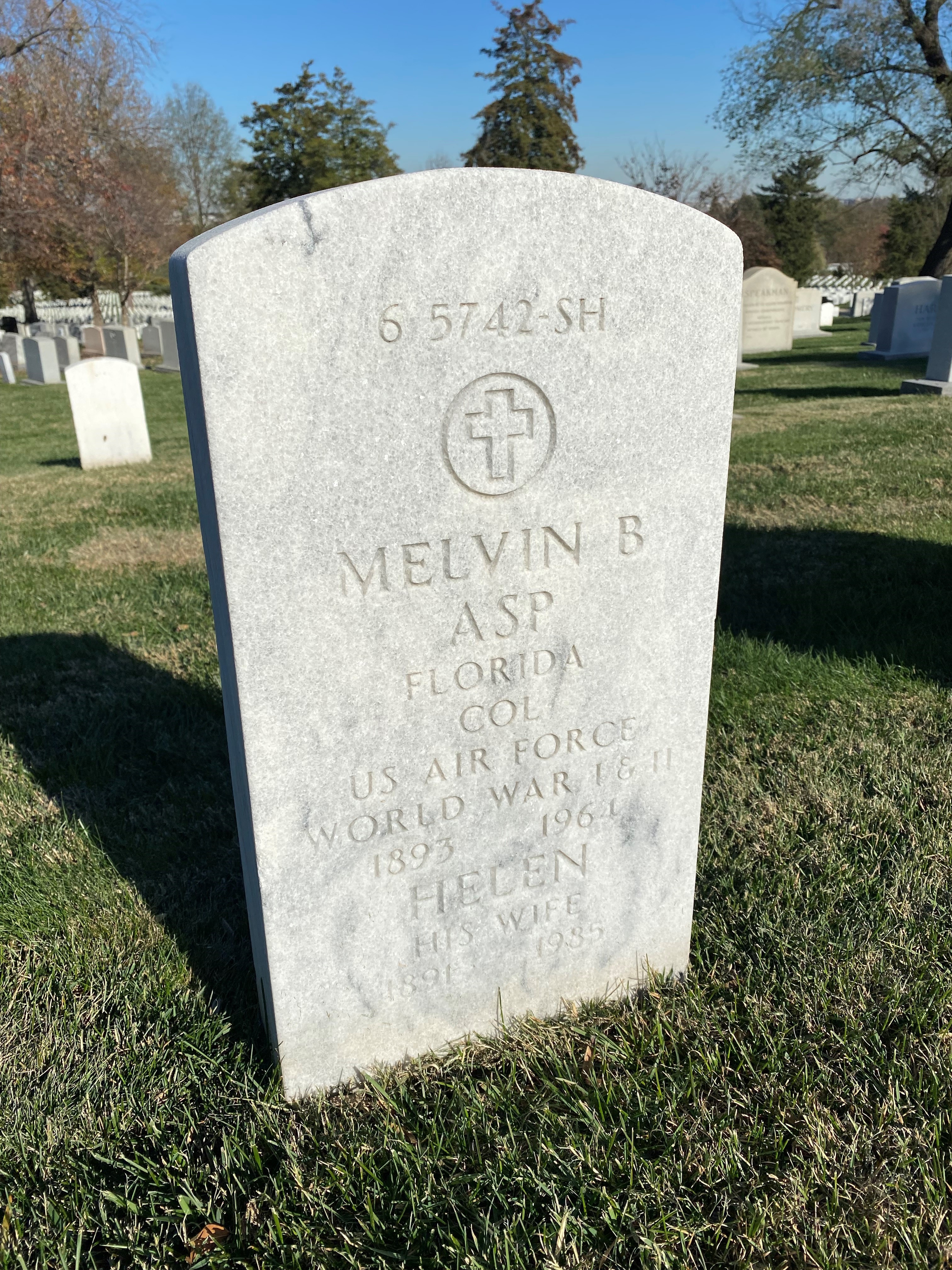 Back of headstone — Melvin Asp