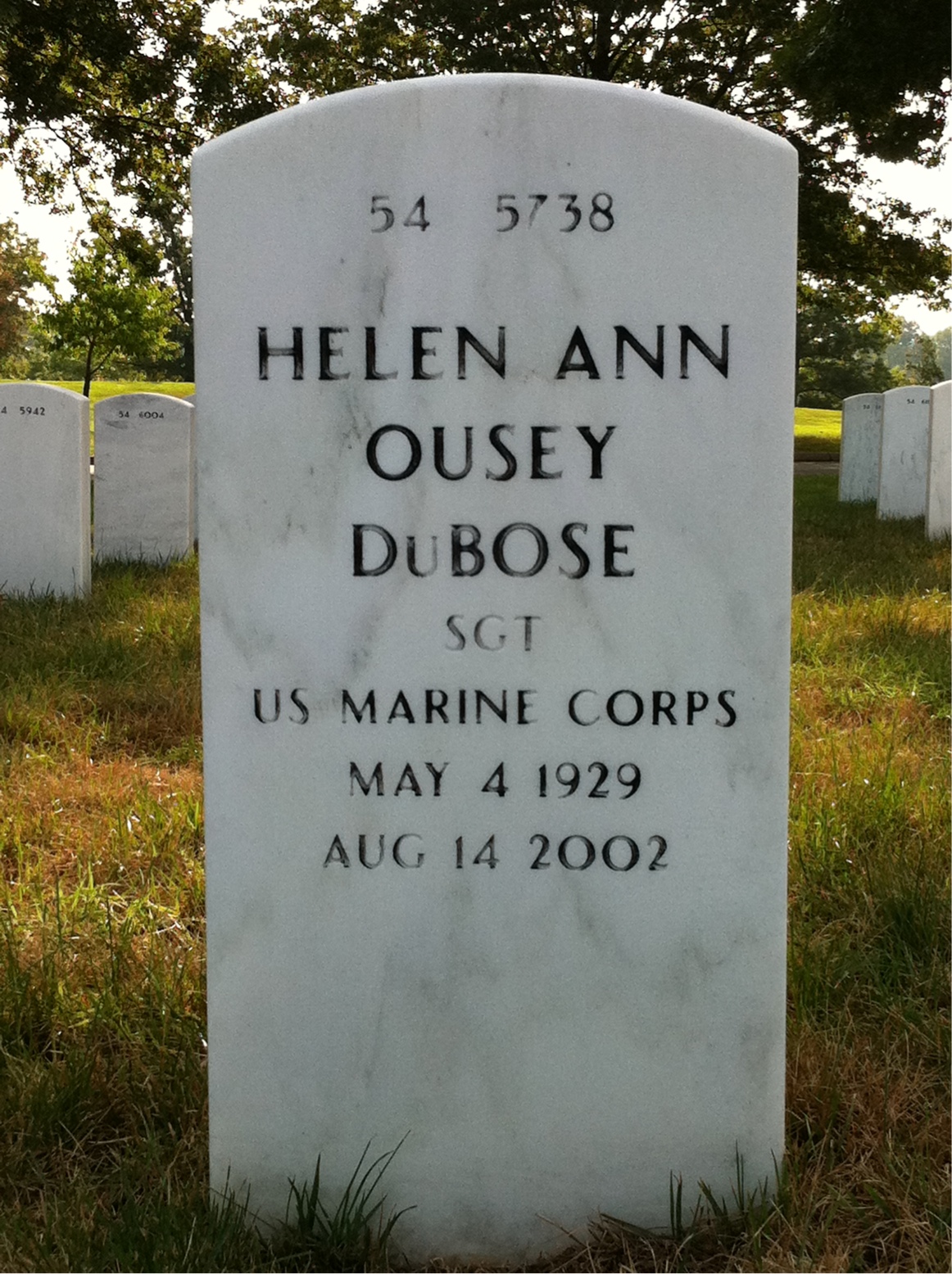 Back of headstone — Helen Ann Dubose