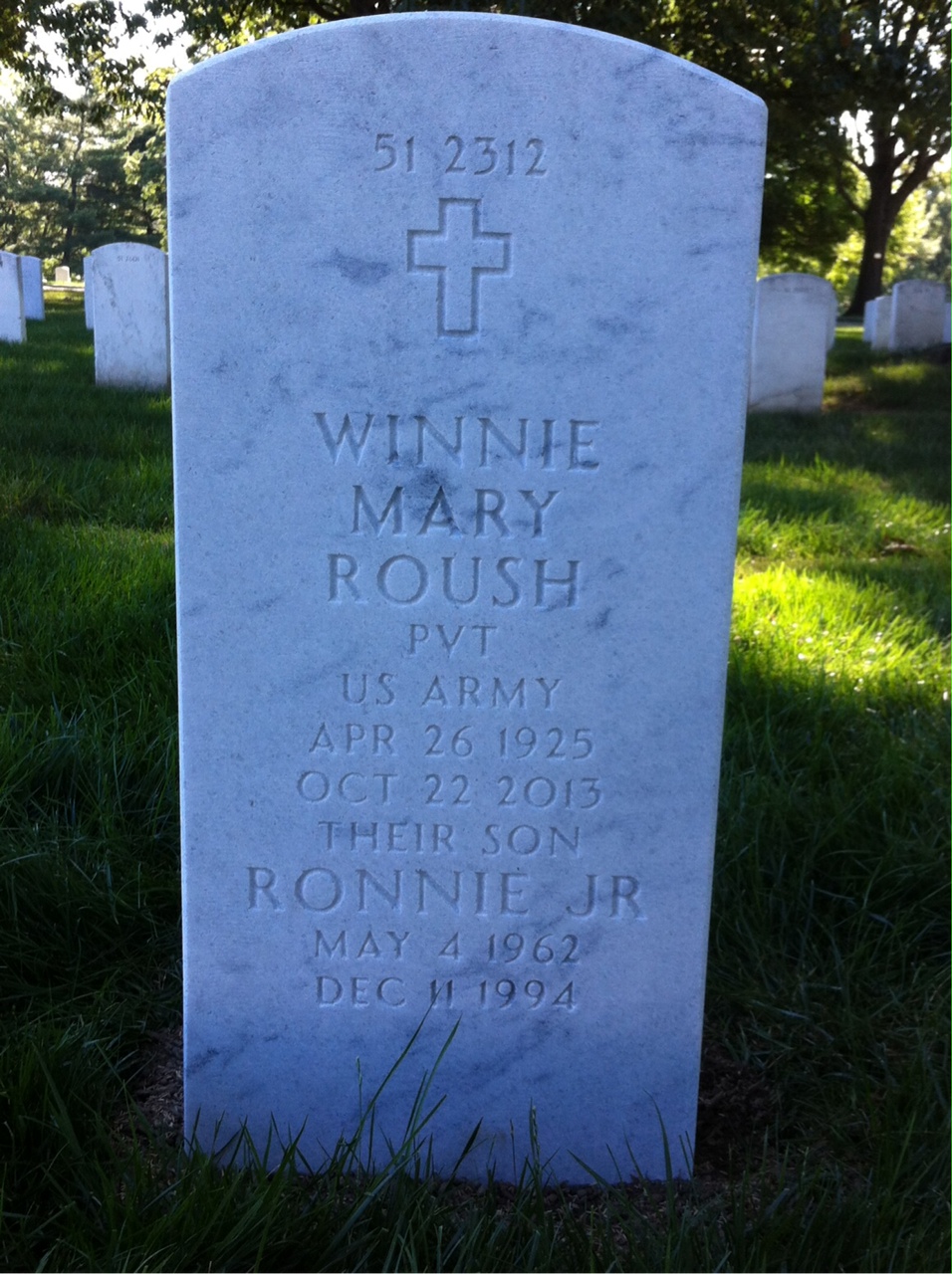Back of headstone — Winnie M Roush