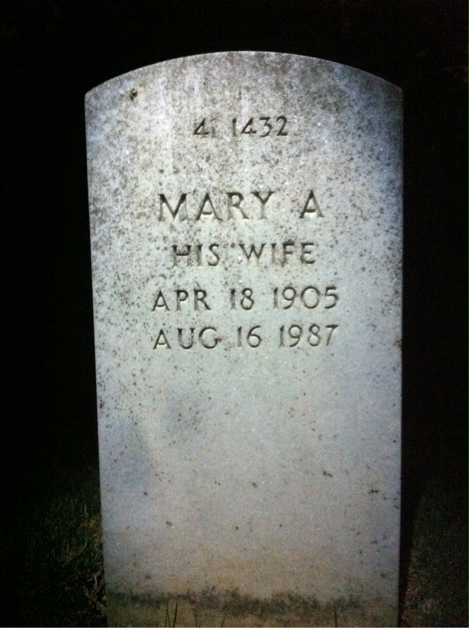 Back of headstone — William A Huhn