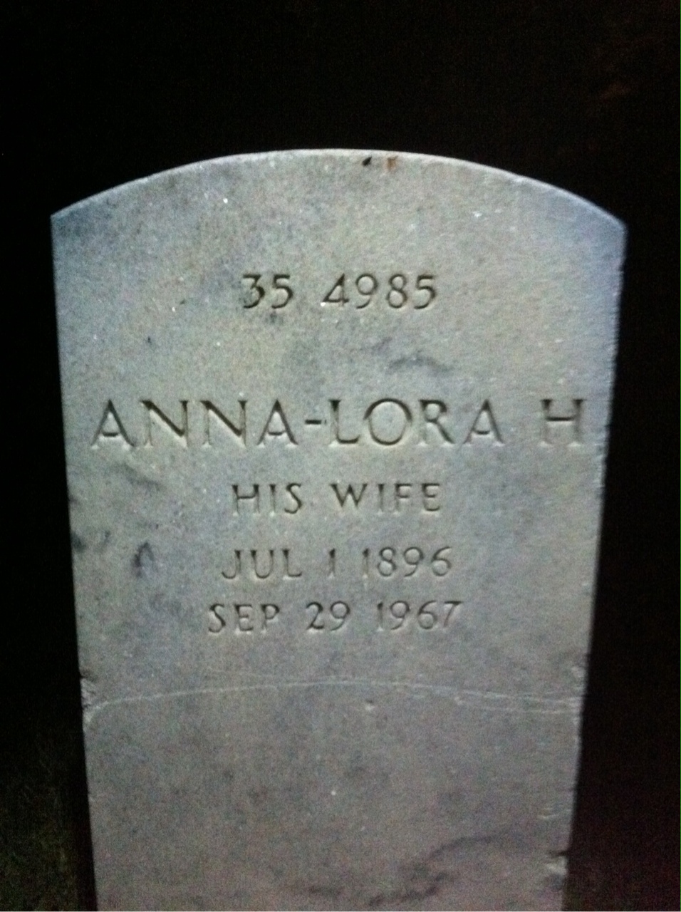 Back of headstone — Anna-Lora Moreland