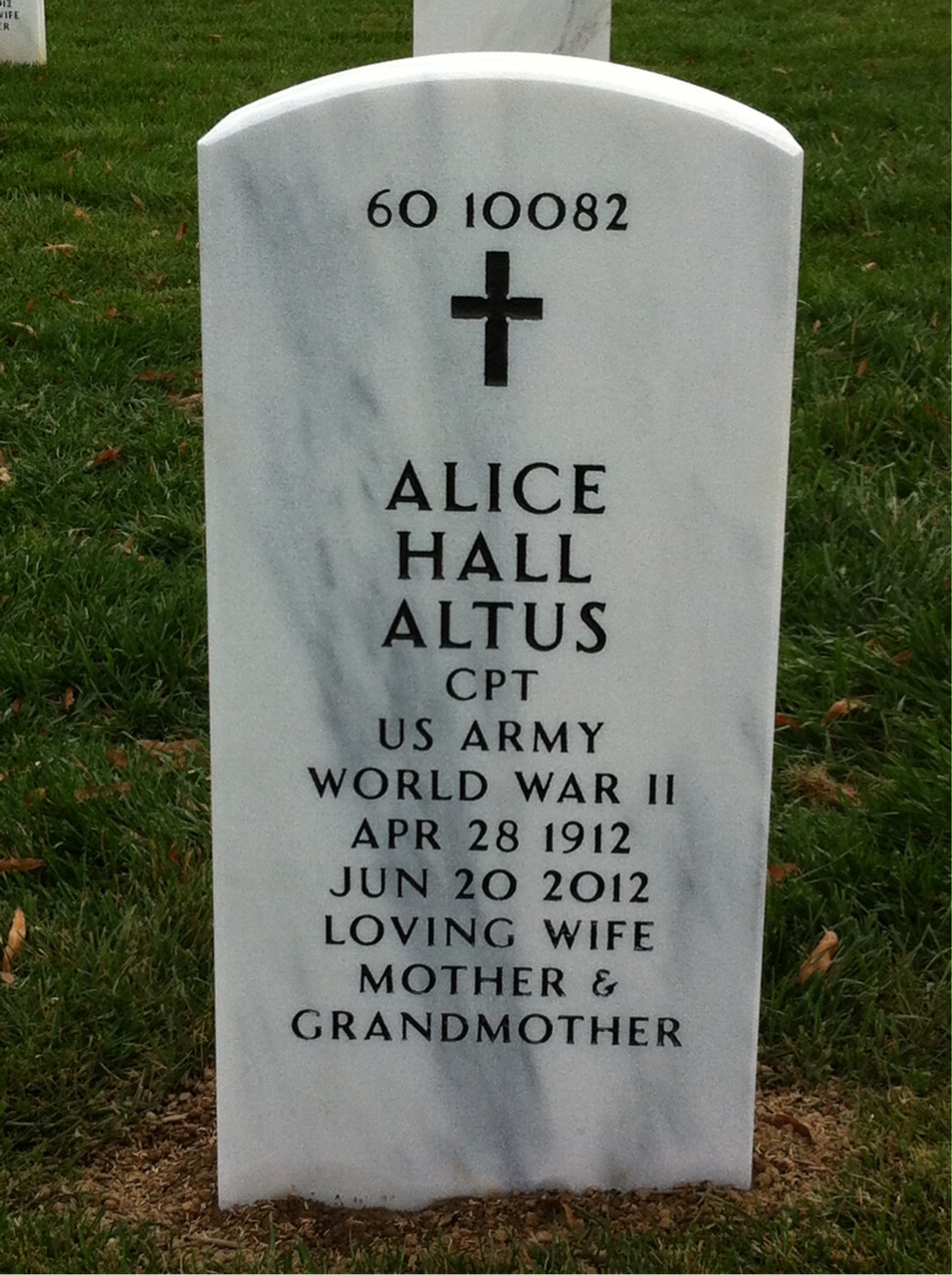 Back of headstone — Alice Altus