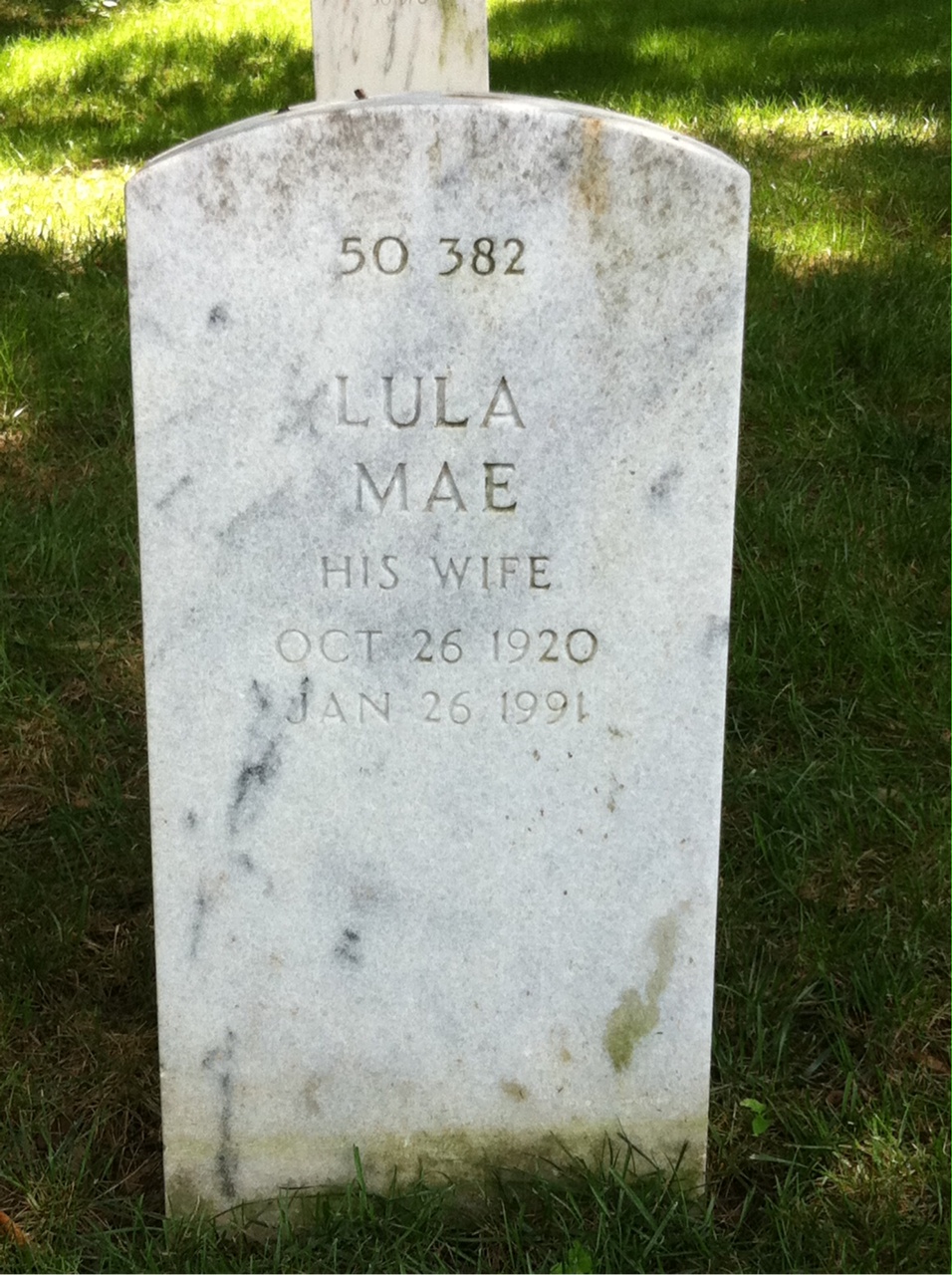 Back of headstone — Lula Cox