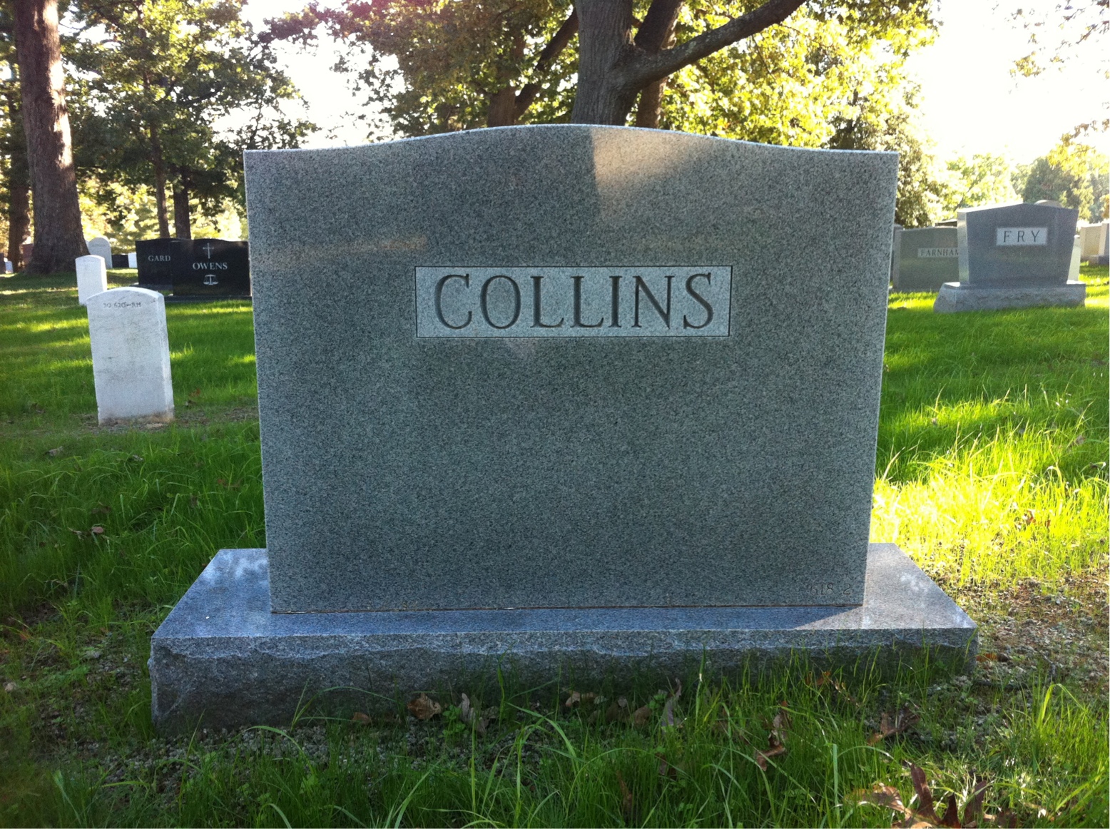 Back of headstone — Frank Collins
