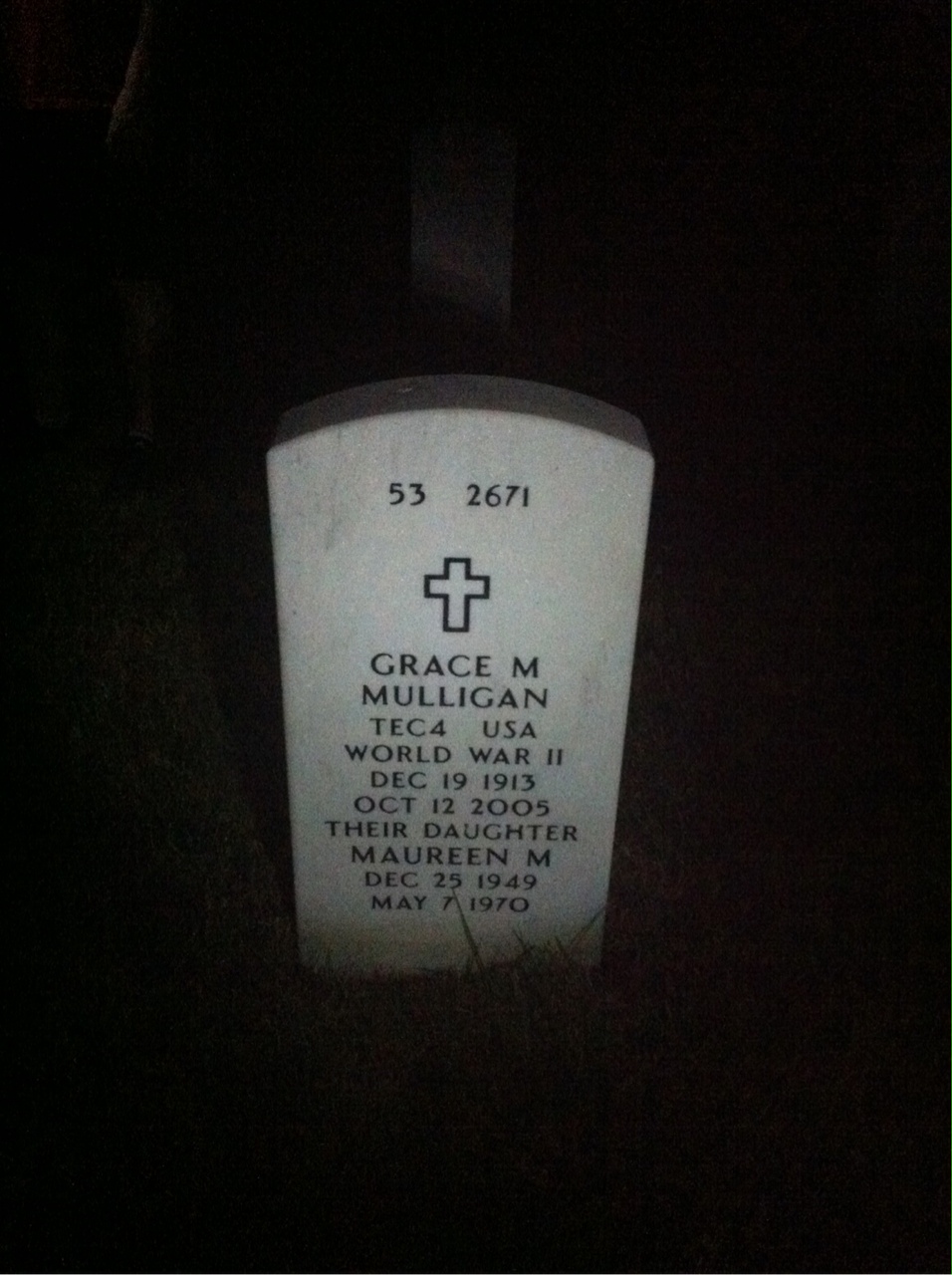 Back of headstone — Grace Mulligan