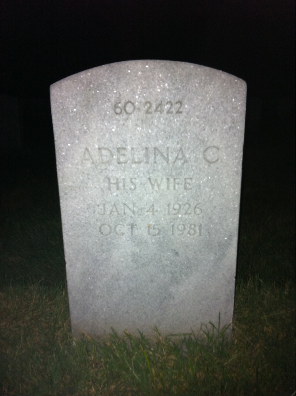 Back of headstone — Adelina Mello
