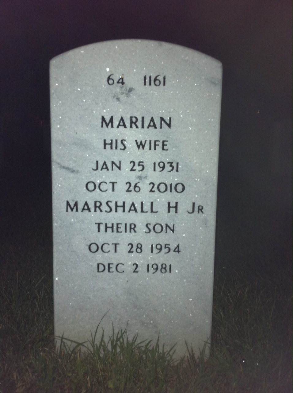 Back of headstone — Marshall Williams