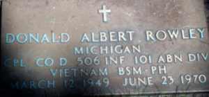 Back of headstone — Donald Albert Rowley