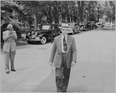Forrestal arrives at the White House for a Cabinet meeting, c. 1945