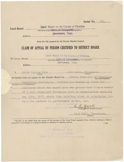 Conscientious Objector Claim of Appeal for Alvin Cullum York (1917)