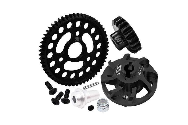 7075 ALLOY SPUR GEAR ADAPTER WITH STEEL 32 PITCH 56T SPUR GEAR & 20T MOTOR GEAR