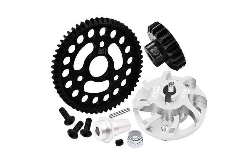 7075 ALLOY SPUR GEAR ADAPTER WITH STEEL 32 PITCH 56T SPUR GEAR & 20T MOTOR GEAR