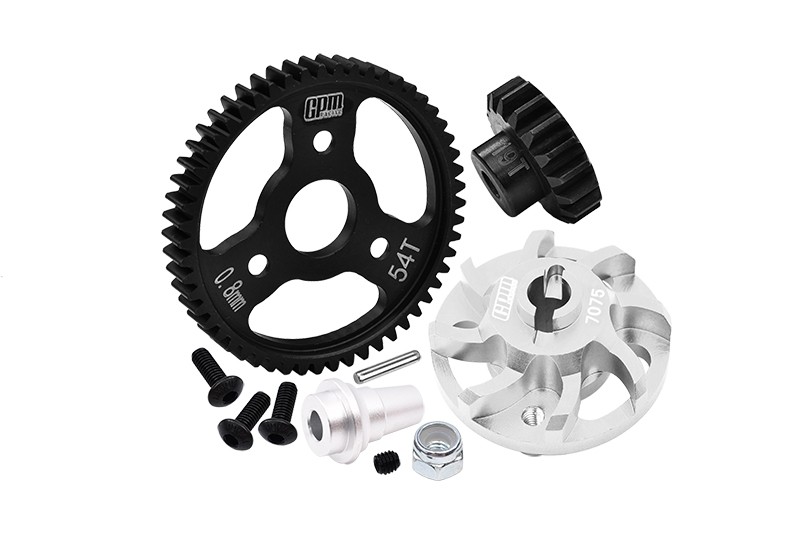 7075 ALLOY SPUR GEAR ADAPTER WITH STEEL 32 PITCH 54T SPUR GEAR & 19T MOTOR GEAR